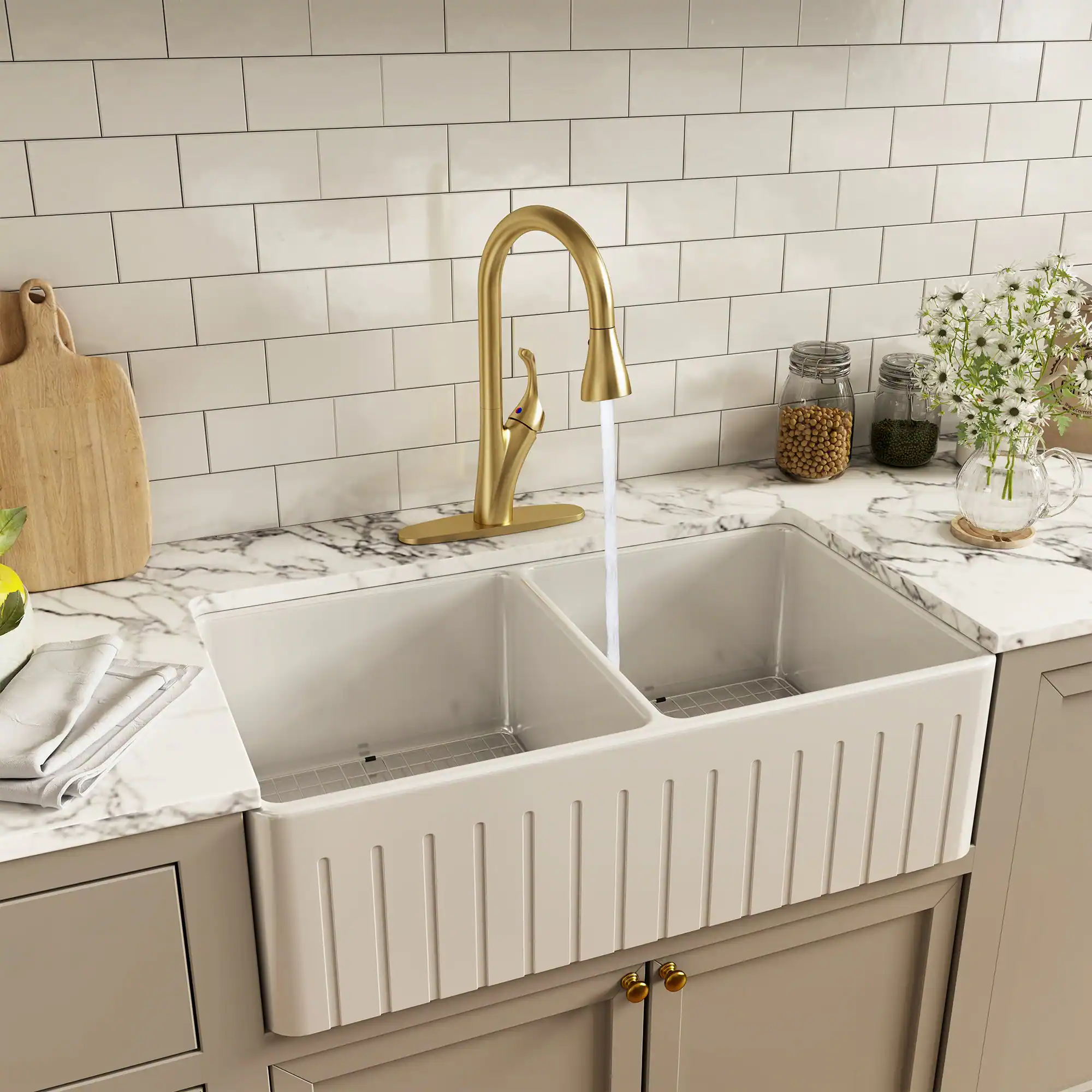 Alt View 3. Boyel Living - Stainless Steel Single Handle Pull Down Sprayer Kitchen Faucet with 3-Spray Patterns and Deck Plate in Brushed Gold - Brushed Gold.