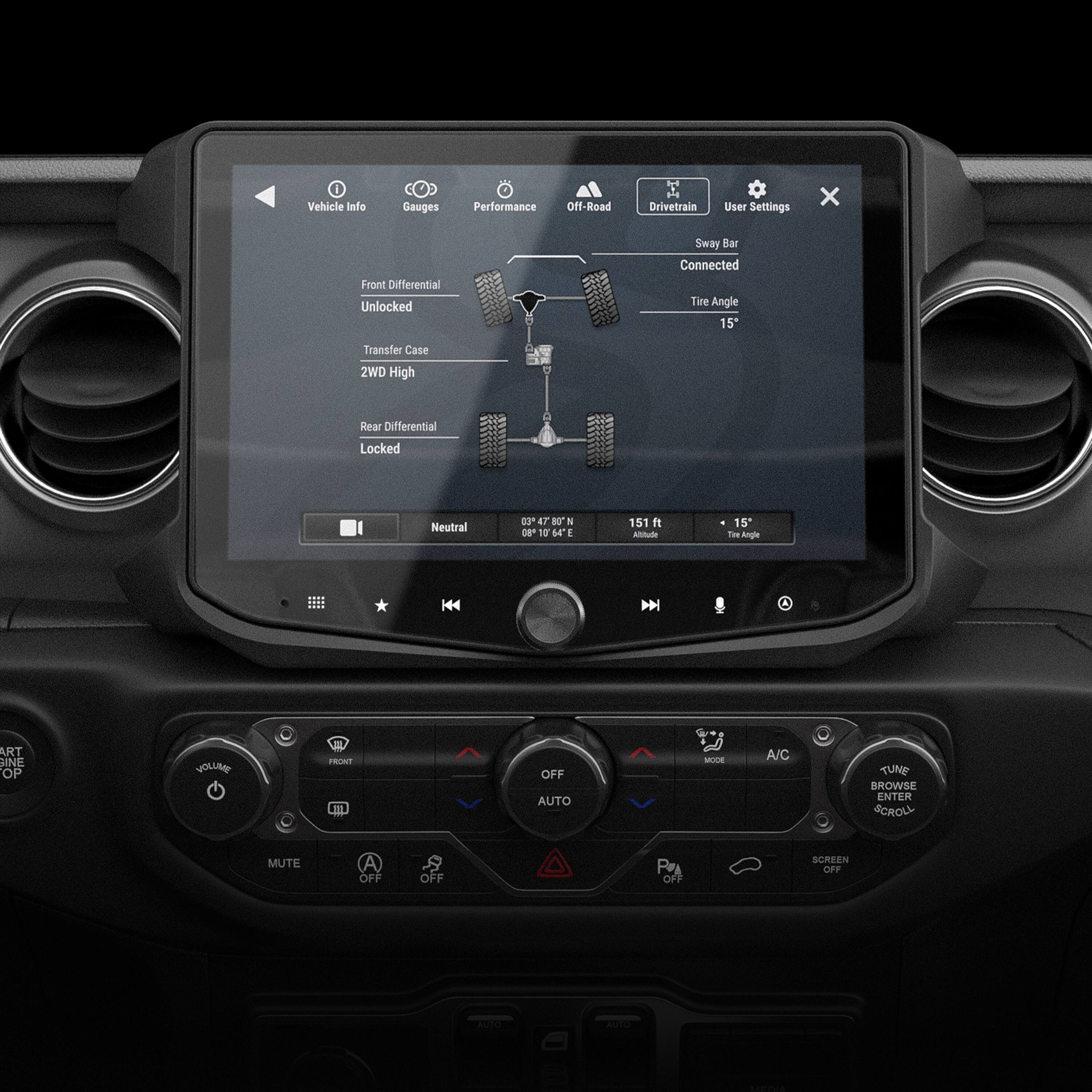 The text on the image is grouped and corrected as follows:

1. Vehicle Info:
- Gauges:
- Performance:
- Off-Road:
- Drivetrain:
- User Settings:
- Front Differential: Unlocked
- Sway Bar: Connected
- Tire Angle: 15°
- Transfer Case: 2WD (High)
- Rear Differential: Locked
- Neutral: 83°
- ET: 10.5
- 0*10
- 10
- M a 151 ft - 15 Tom Angle
- ART INE OP VOURE FOM OFF AUTO - A/C TUNE BROWSE ENTER SCROU MUTE OFF OFF OFF SCREEN OFF