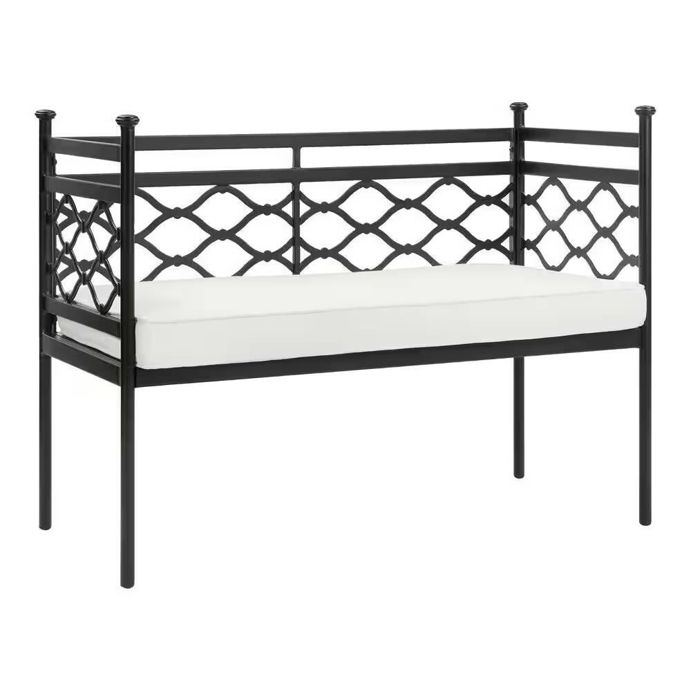 Left. Hivvago - Outdoor Patio Black Metal Garden Bench with White Natural Seat Cushion - Black, White.