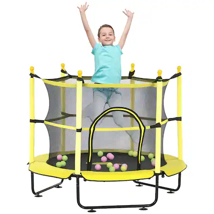 Front. Qaba - 4.6' Trampoline, 55 Inch Trampoline, Safety Enclosure, Ball Pit, Indoor Outdoor Use - Yellow.