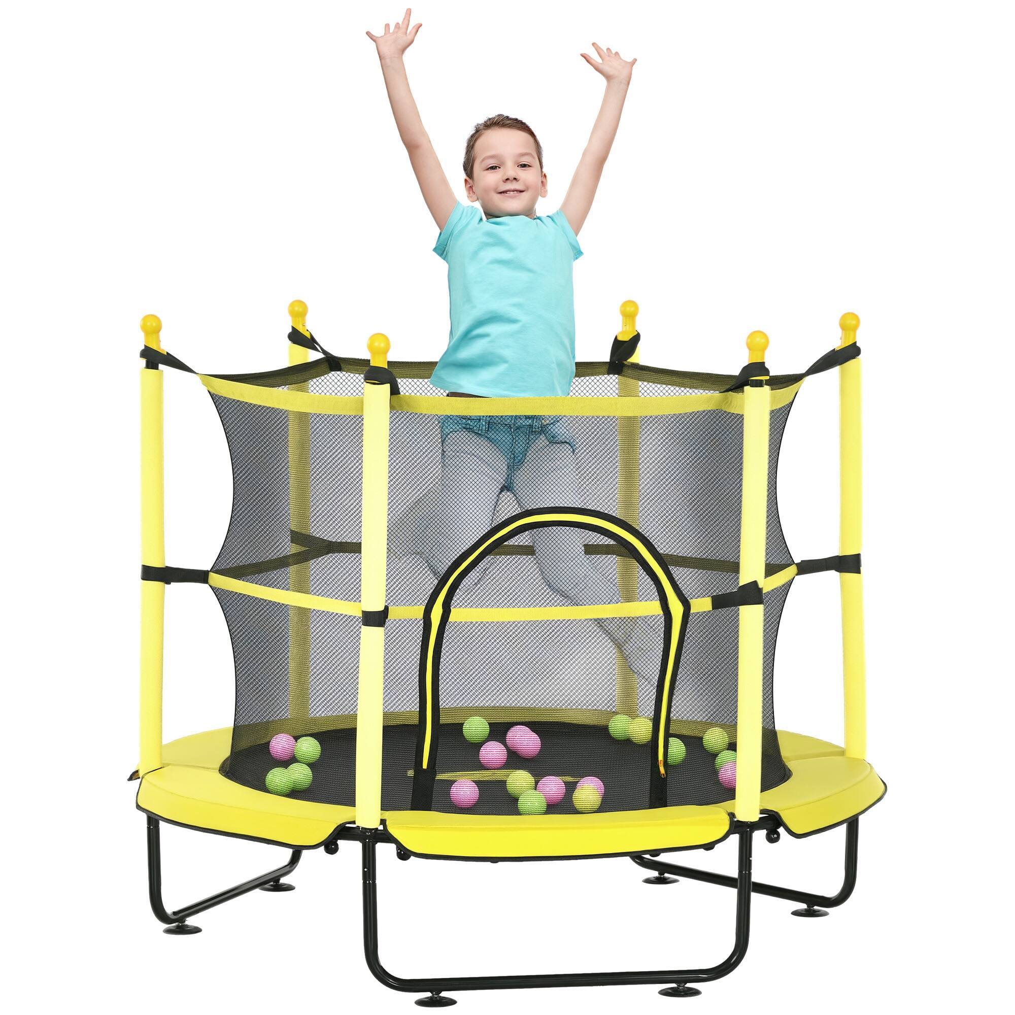 Front. Qaba - 4.6' Trampoline, 55 Inch Trampoline, Safety Enclosure, Ball Pit, Indoor Outdoor Use - Yellow.
