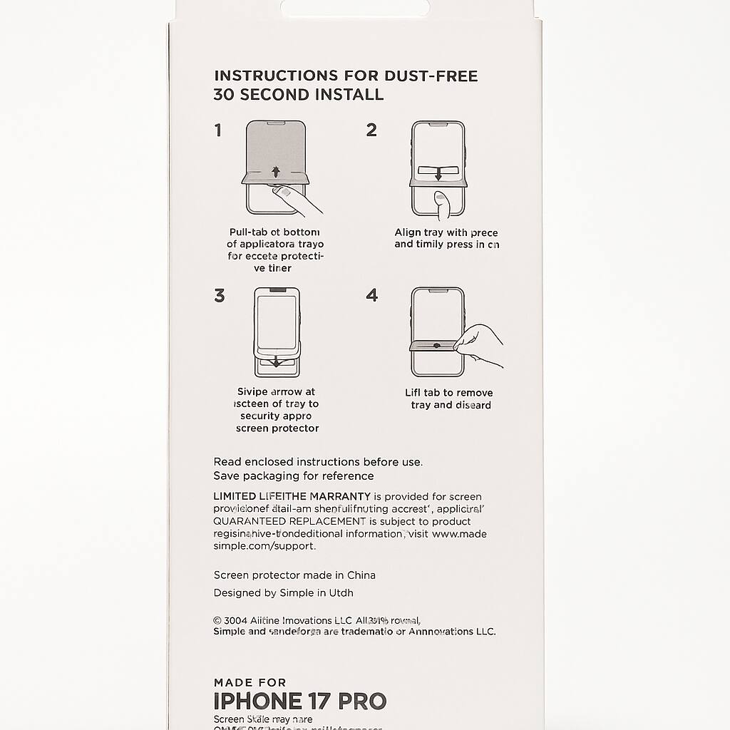 INSTRUCTIONS FOR DUST-FREE 30 SECOND INSTALL

1. Pull-tab at bottom of applicator tray for eccete protective tiner
2. Align tray with prece and timily press in cn
3. Sivipe arrow at scteen of tray to security appro screen protector
4. Lift tab to remove tray and discard

Read enclosed instructions before use. Save packaging for reference.

LIMITED LIFETIME WARRANTY is provided for screen protection. Accurate application is subject to product registration. For additional information, visit www.made simple.com/support.

Screen protector made in China. Designed by Simple in Utdh

© 2004 Ailite Innovations LLC. All rights reserved. Simple and sandeforga are trademarks or Annovations LLC.

MADE FOR IPHONE 17 PRO
Screen Scale may have CHIC commentation