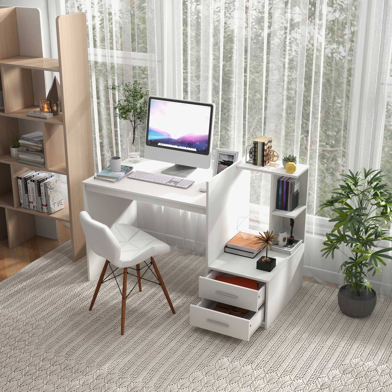 Alt View 9. Ecooso - Computer Desk with Bookshelf and Drawers, Home Office Storage Workstation for Study Room - White.