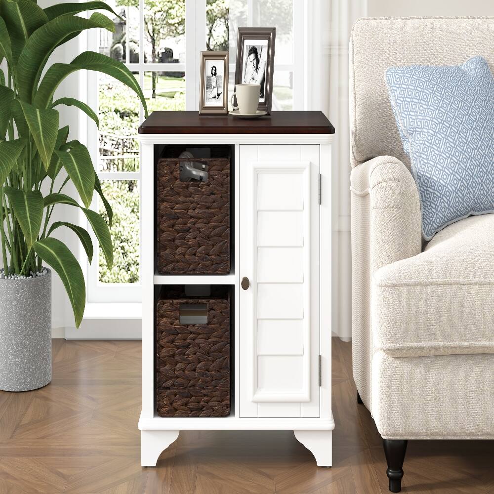 Back. Loheer - Loheer American Style End Table with Woven Baskets Shutter Style Side Table Solid Wood Base Storage Shelf - White.