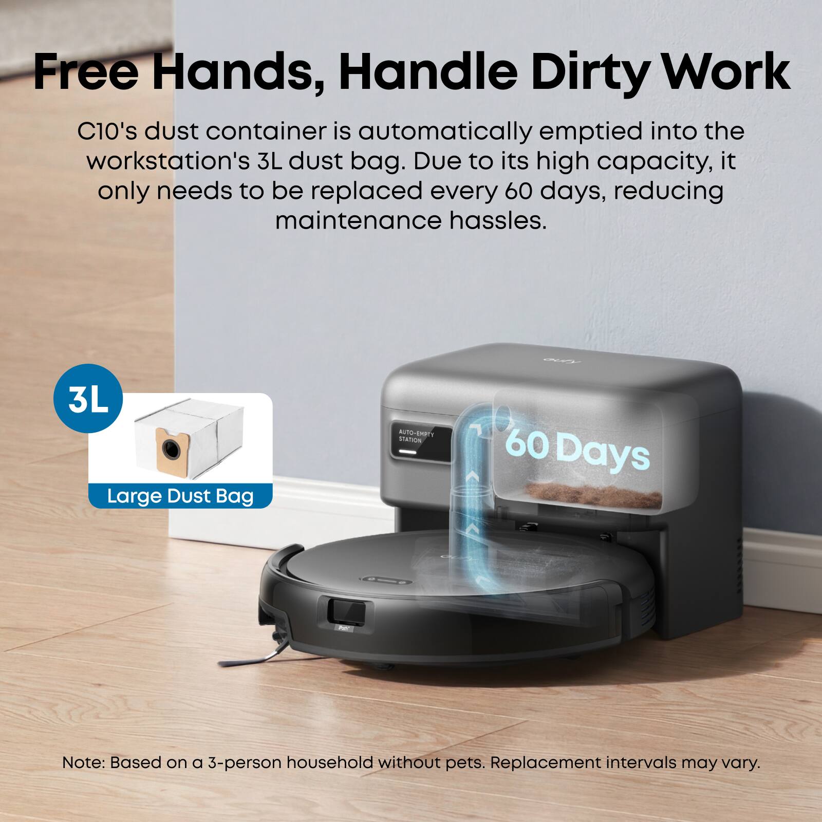Free Hands, Handle Dirty Work

C10's dust container is automatically emptied into the workstation's 3L dust bag. Due to its high capacity, it only needs to be replaced every 60 days, reducing maintenance hassles.

3L Large Dust Bag

AUTO AUTO-EMPTT EATION 60 Days

Note: Based on a 3-person household without pets. Replacement intervals may vary.