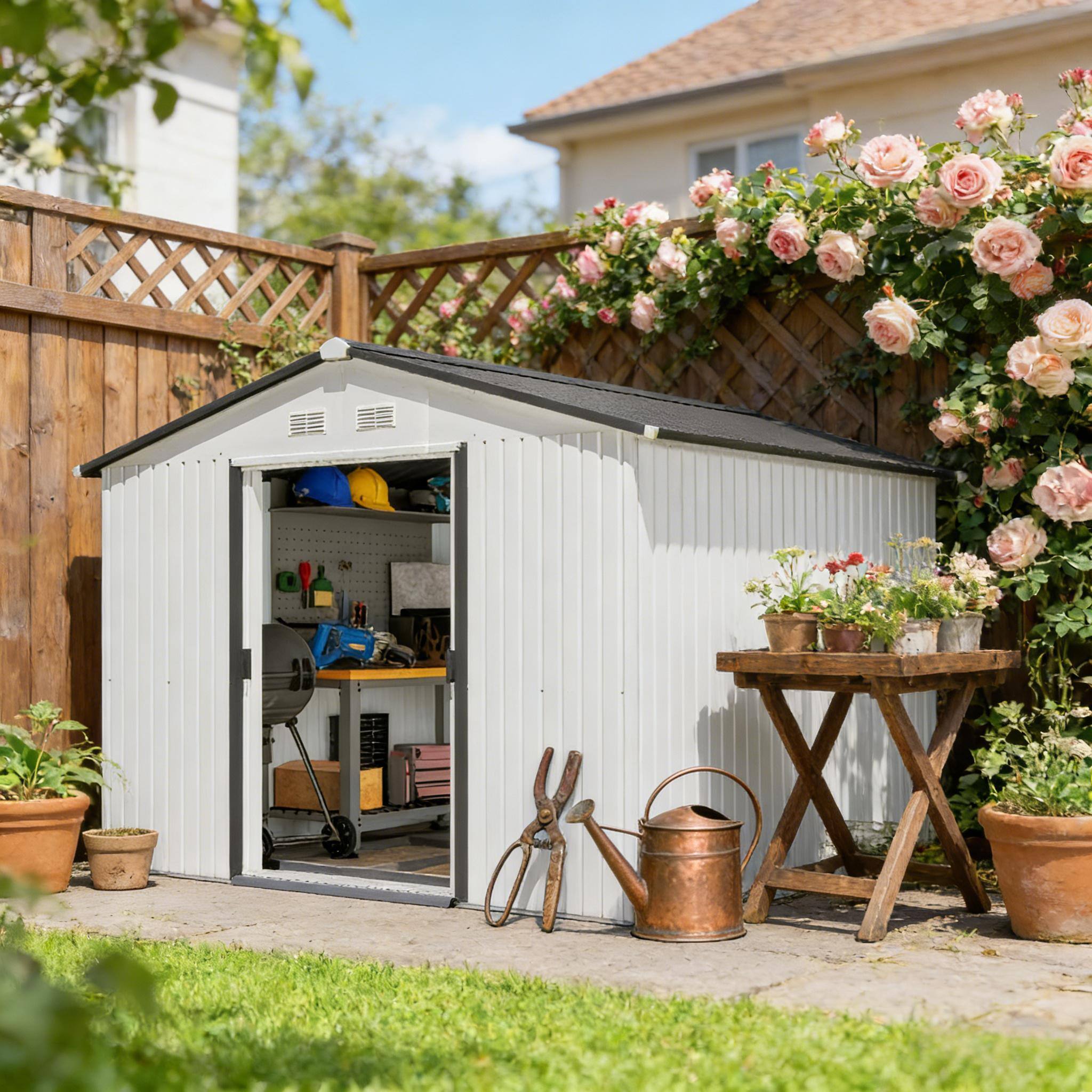 Angle. Anysun - 126.75" Spacious Outdoor Metal Storage Shed with Lockable Doors & Ventilation, Heavy-Duty Garden Tool Shed for Backyard - Silver.