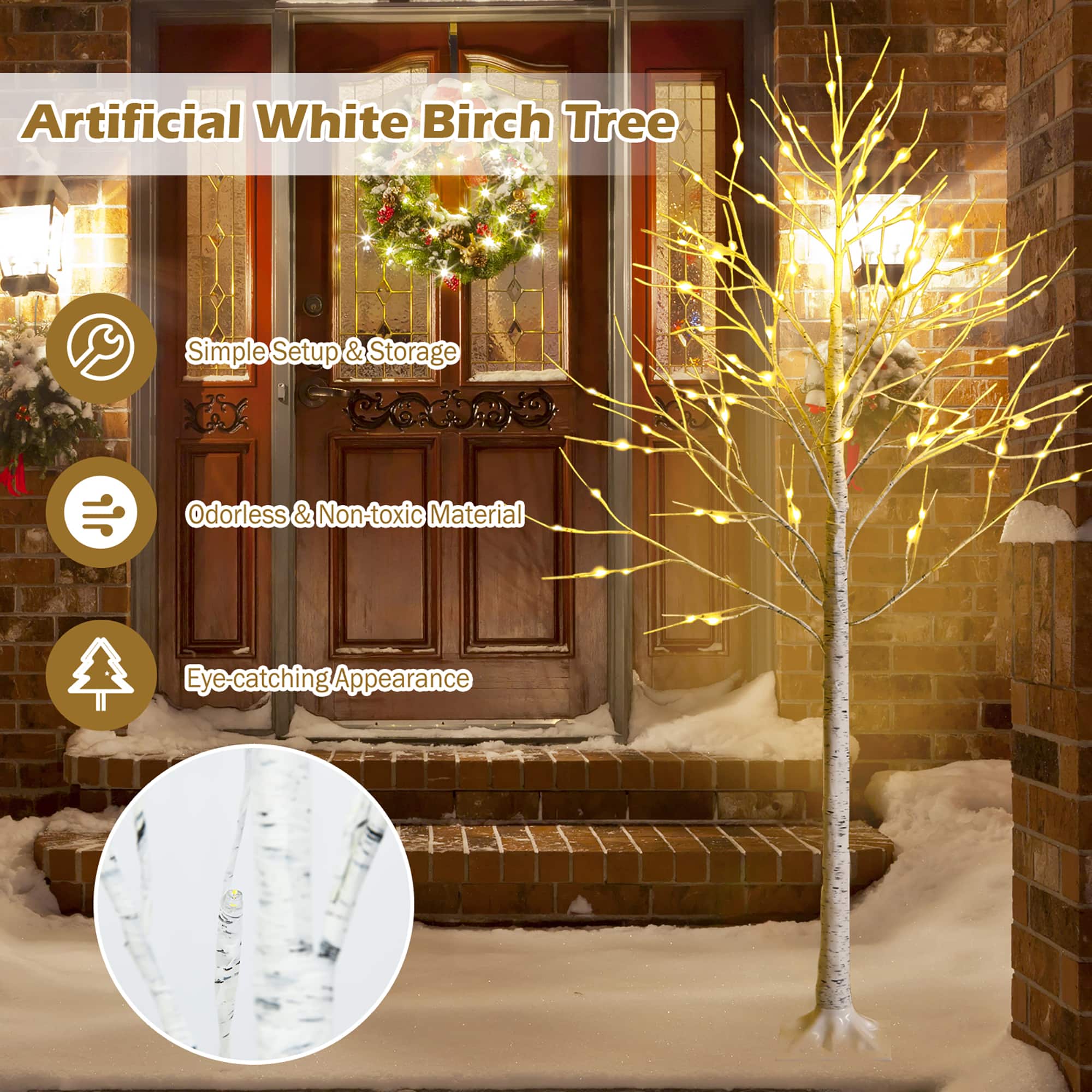 The text on the image reads: "Artificial White Birch Tree Simple Setup & Storage da - Odorless & Non-toxic Material Eye catching Appearance."