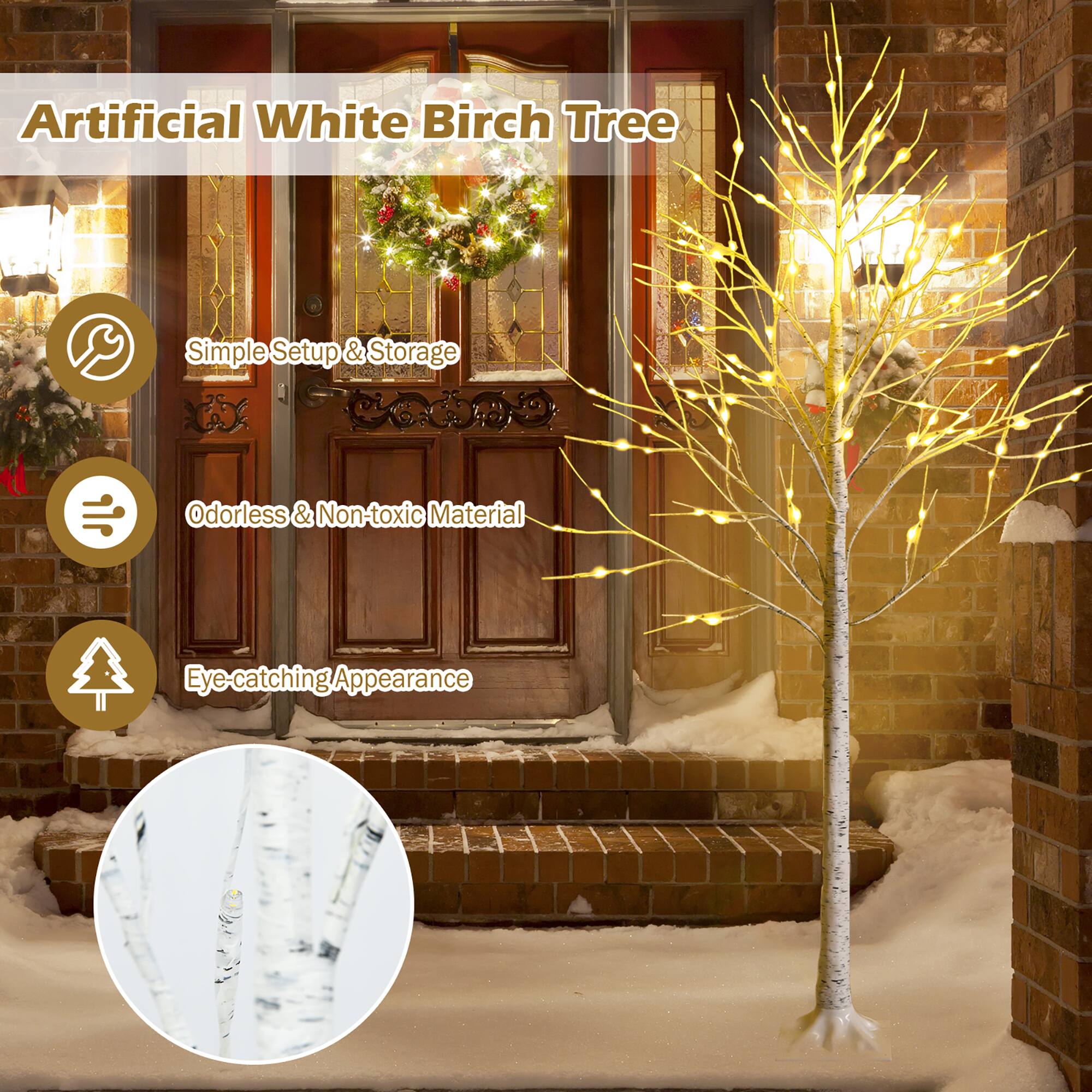 The text on the image reads: "Artificial White Birch Tree Simple Setup & Storage da - Odorless & Non-toxic Material Eye catching Appearance."