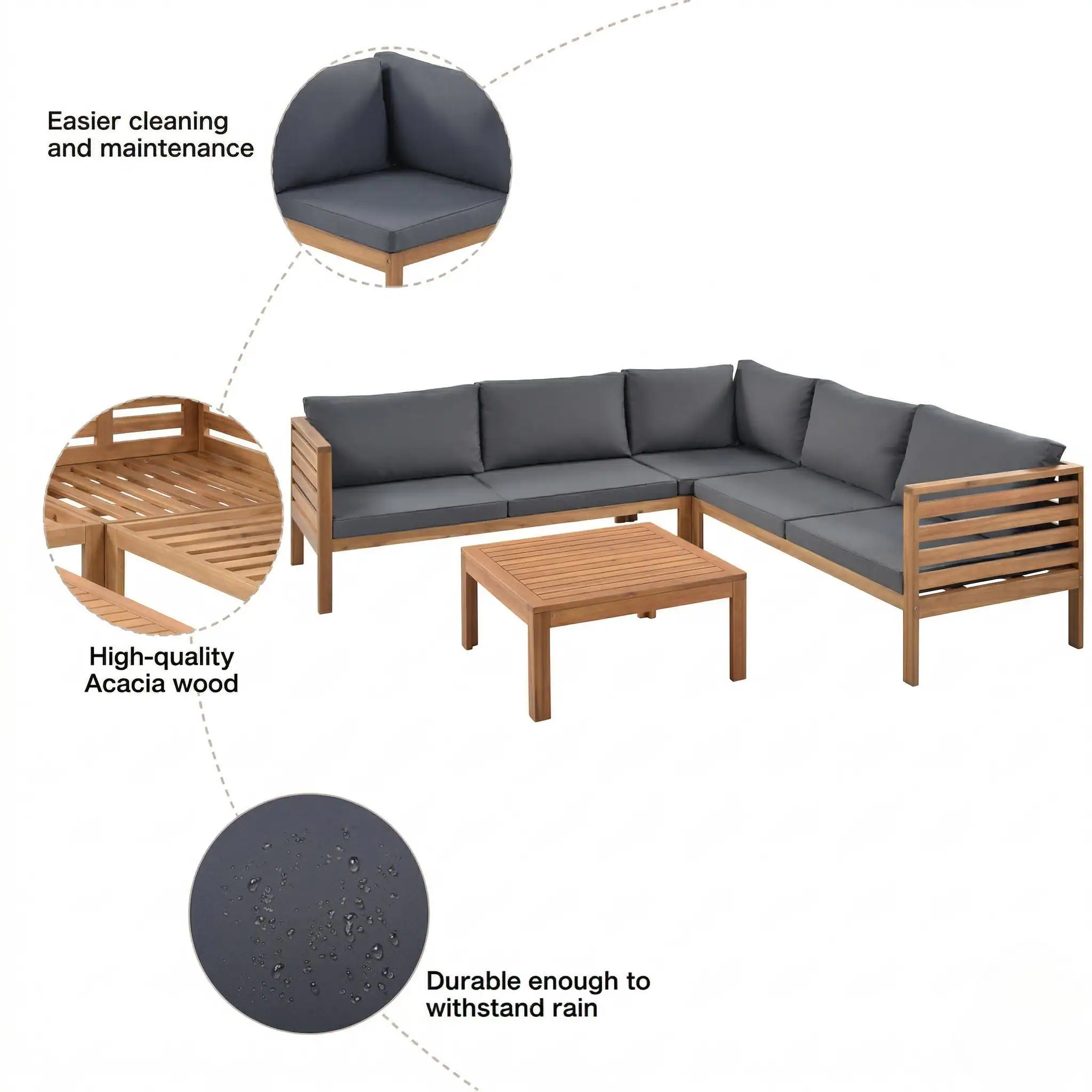 Easier cleaning and maintenance  
High-quality Acacia wood  
Durable enough to withstand rain