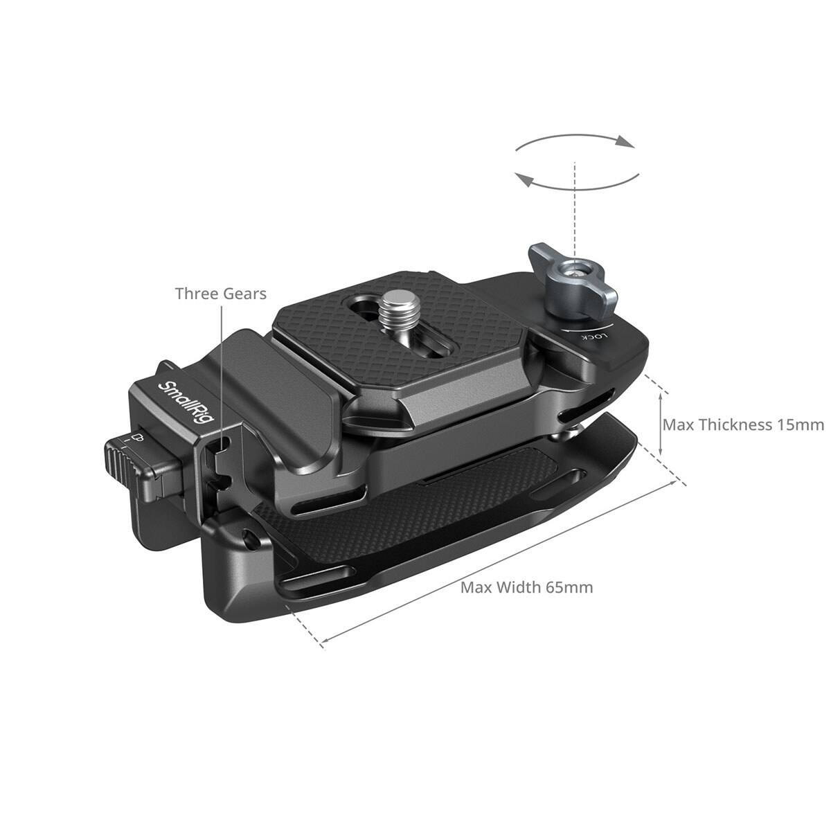 Three Gears  
SmallRig 9  
Max Thickness 15mm  
Max Width 65mm