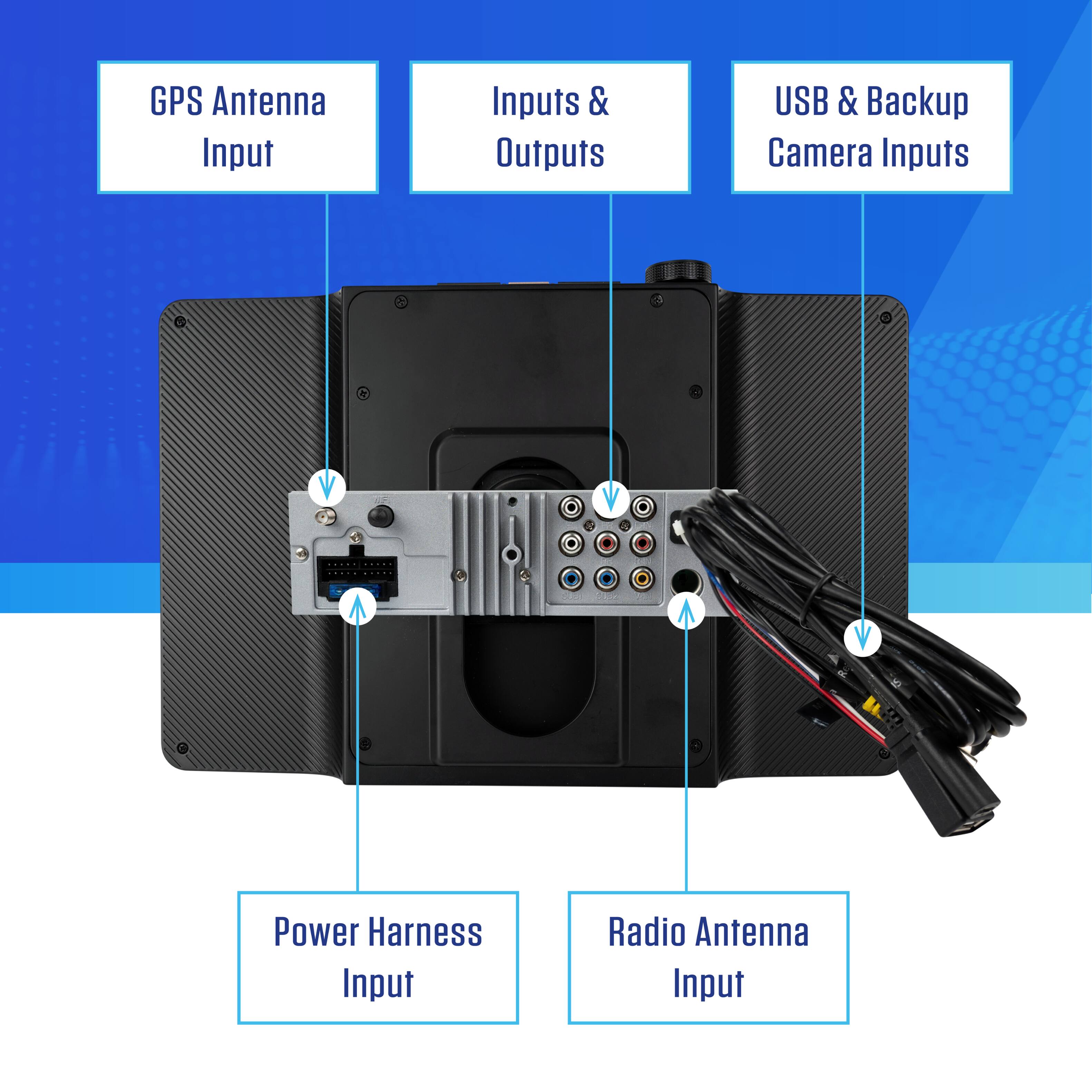 GPS Antenna Input  
Inputs & Outputs  
USB & Backup Camera Inputs  
G a V Power Harness Input  
Radio Antenna Input