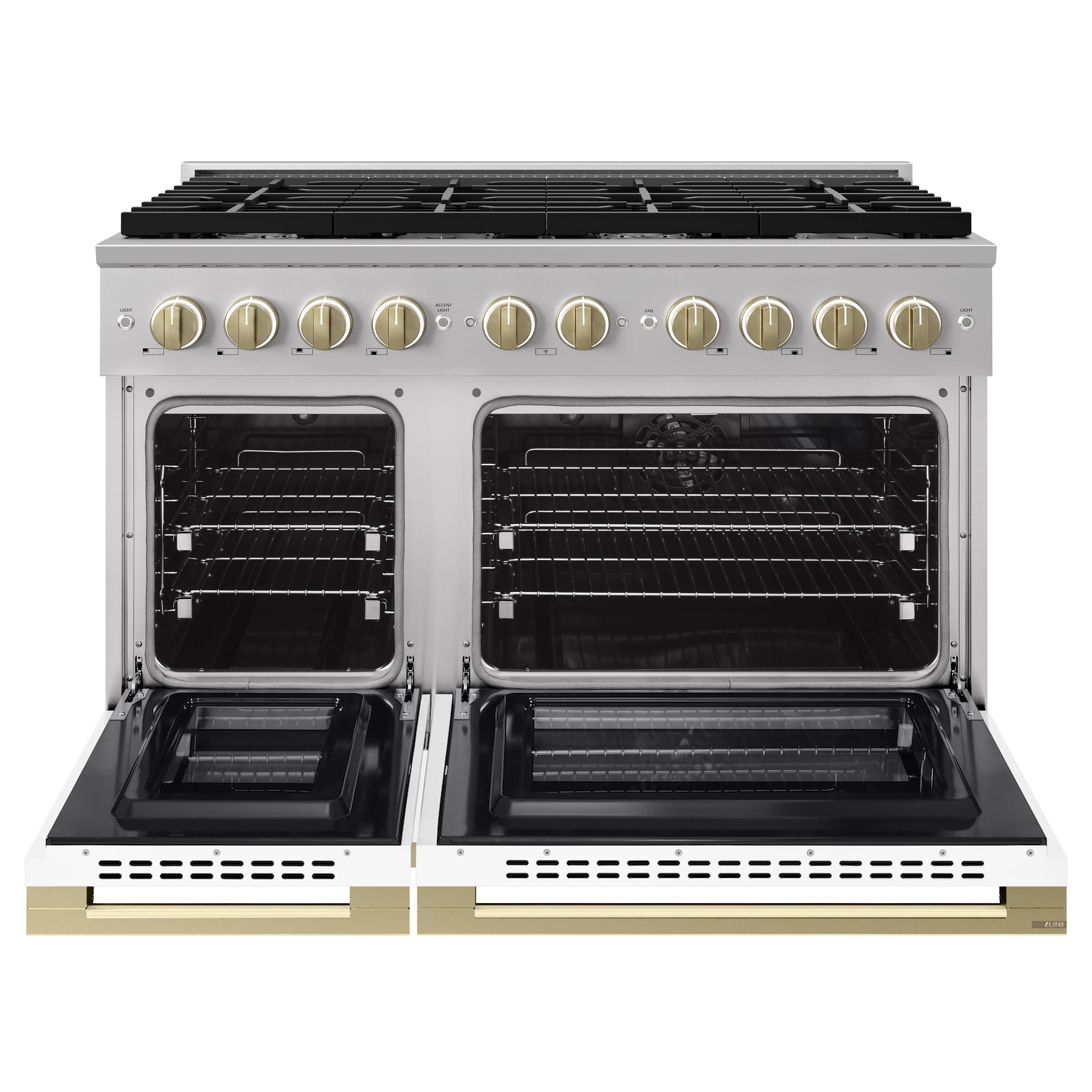 Angle. ZLINE - Autograph 48 in. 6.7 cu. ft. Marino Dual Fuel Freestanding Range with 8 Gas Burner Cooktop with White & Bronze Accents - White Matte.