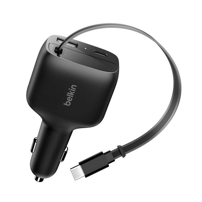 Left. Belkin - BoostCharge Retractable Car Charger 75W - Black.