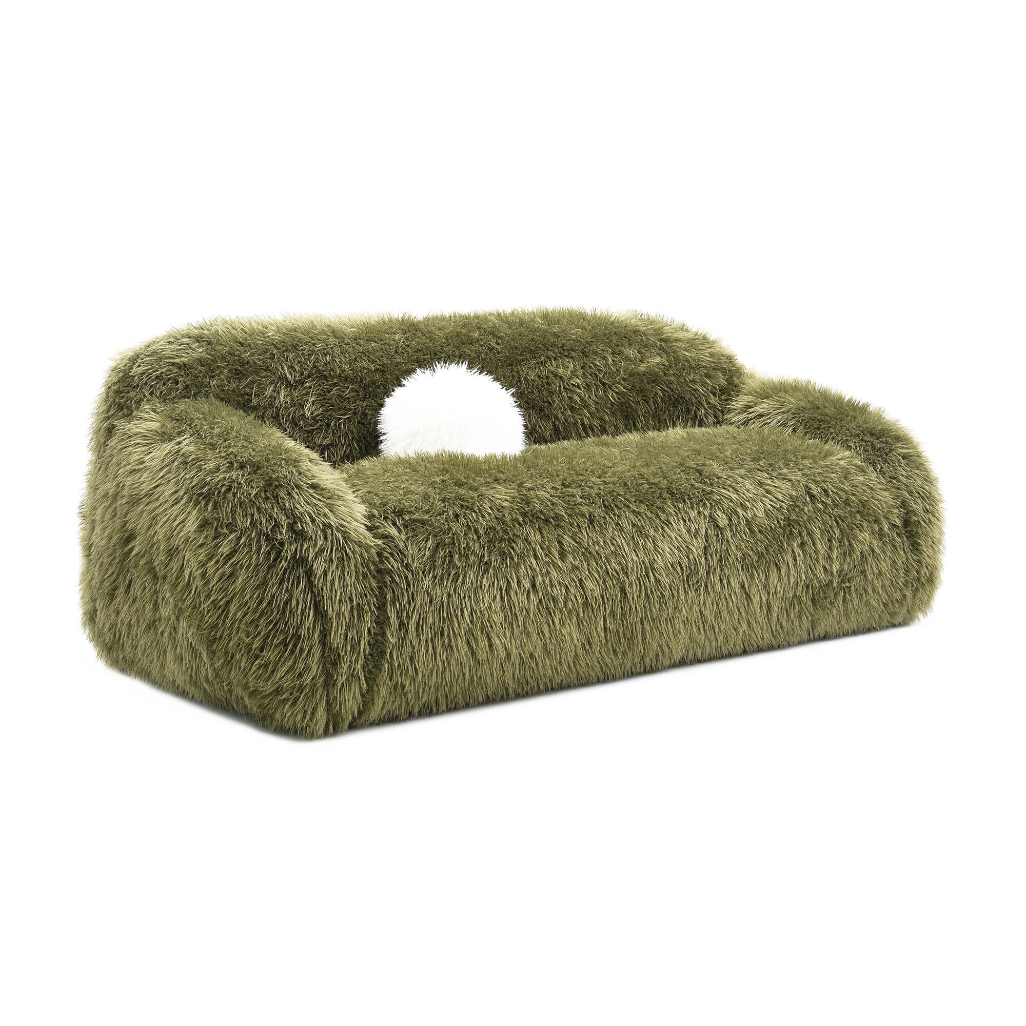 Back. Vaczon - 3-Seater Plush Faux Fur Sofa with Soft Long Pile and Luxurious Comfort for Living Rooms or Apartments - Olive Green.