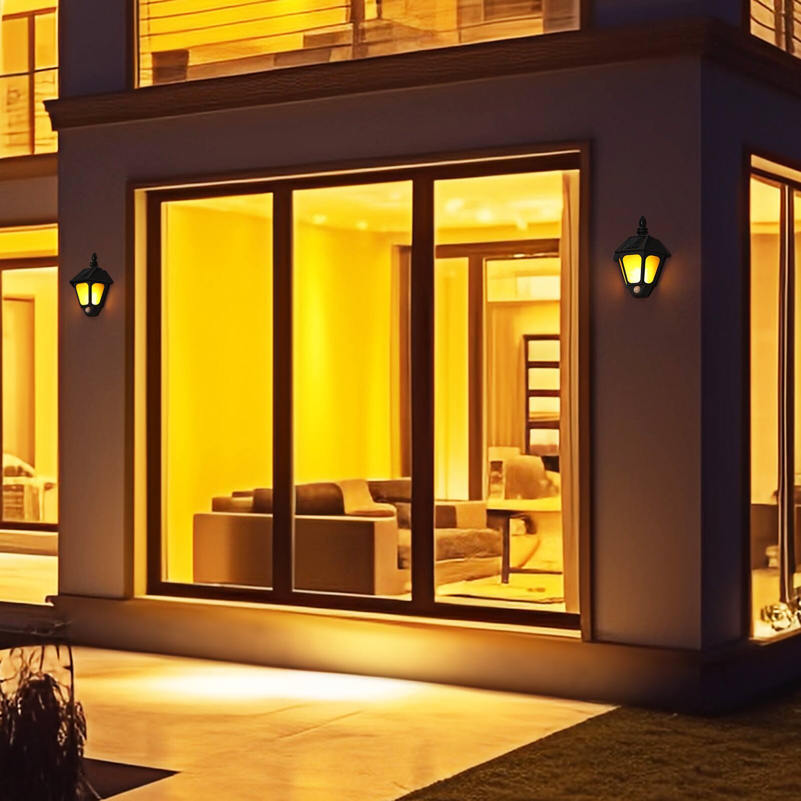Alt View 2. Oumilen - 2-Pack Solar Flame Wall Lights 10.6In Motion Sensor Outdoor Lanterns with White & Flame Modes IP65 Waterproof.