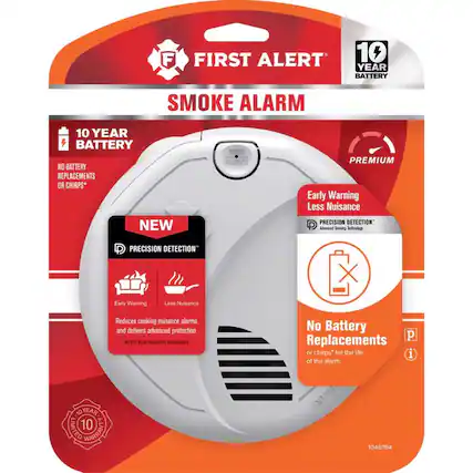 **FIRST ALERT**
**SMOKE ALARM**
**10 YEAR BATTERY**
- NO BATTERY REPLACEMENTS OR CHIRPS*
**NEW**
**PRECISION DETECTION**
- Early Warning
- Less Nuisance
**Reduces cooking nuisance alarms and delivers advanced protection**
**MEETS NEW INDUSTRY STANDARDS**
**No Battery Replacements or chirps* for the life of the alarm.**
**10 YEAR LIMITED WARRANTY**
**1046764**