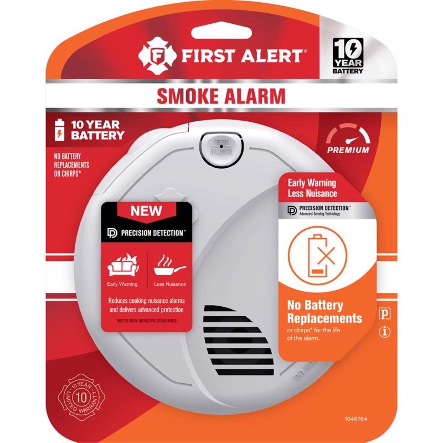 **FIRST ALERT**

**SMOKE ALARM**

**10 YEAR BATTERY**

- NO BATTERY REPLACEMENTS OR CHIRPS*

**NEW**

**PRECISION DETECTION**

- Early Warning
- Less Nuisance

**Reduces cooking nuisance alarms and delivers advanced protection**

**MEETS NEW INDUSTRY STANDARDS**

**No Battery Replacements or chirps* for the life of the alarm.**

**10 YEAR LIMITED WARRANTY**

**1046764**