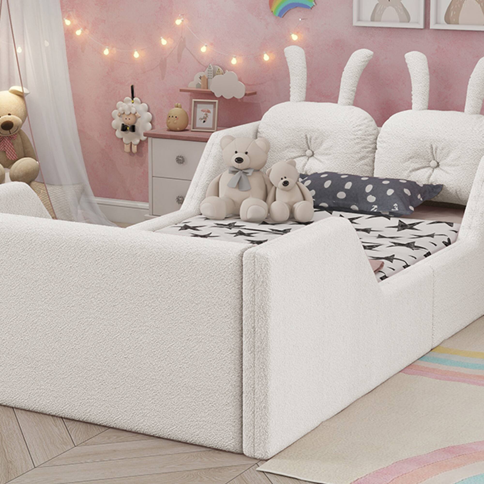 Alt View 7. GOODSILO - Twin Size Upholstered Platform Bed with Decorative Cushions and Removable Safety Rails for Children - White.