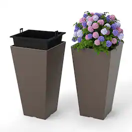 Costway - 22.5" Tall Square Planter Set of 2 with Removable Inner Bucket & Drainage Holes - Brown