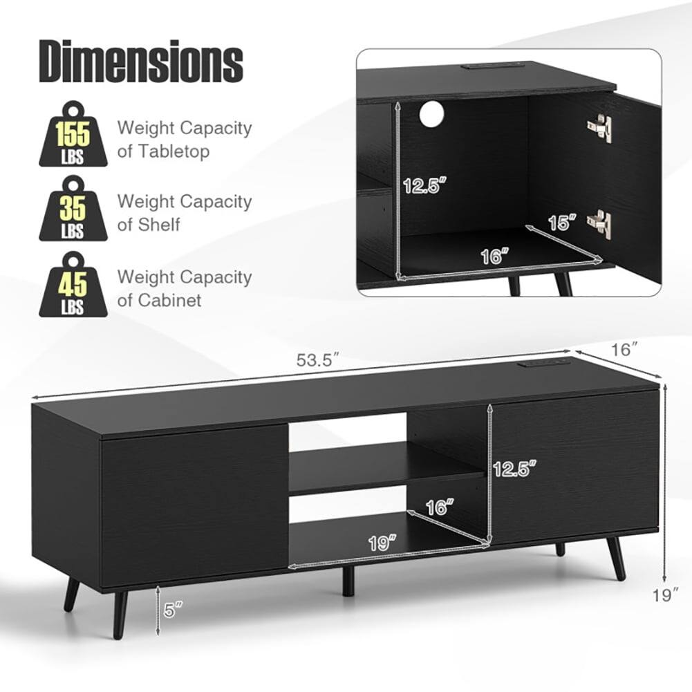 Dimensions  
- Weight Capacity of Tabletop: 155 LBS  
- Weight Capacity of Shelf: 35 LBS  
- Weight Capacity of Cabinet: 45 LBS  

Dimensions:  
- Length: 53.5"  
- Height: 16"  
- Depth: 19"  
- Shelf Depth: 12.5"  
- Shelf Height: 16"  
- Cabinet Height: 19"  
- Cabinet Depth: 12.5"  
- Cabinet Height: 16"  
- Cabinet Depth: 5"