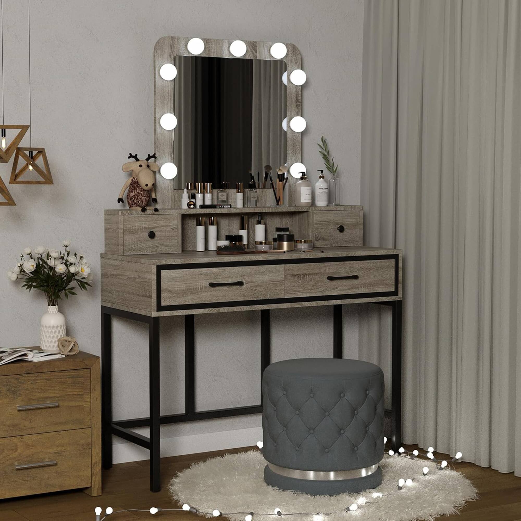 Alt View 4. RoyalCraft - RoyalCraft Vanity Desk for Makeup with Mirror, Dimmable Lights & Drawers, Grey - Light Grey.