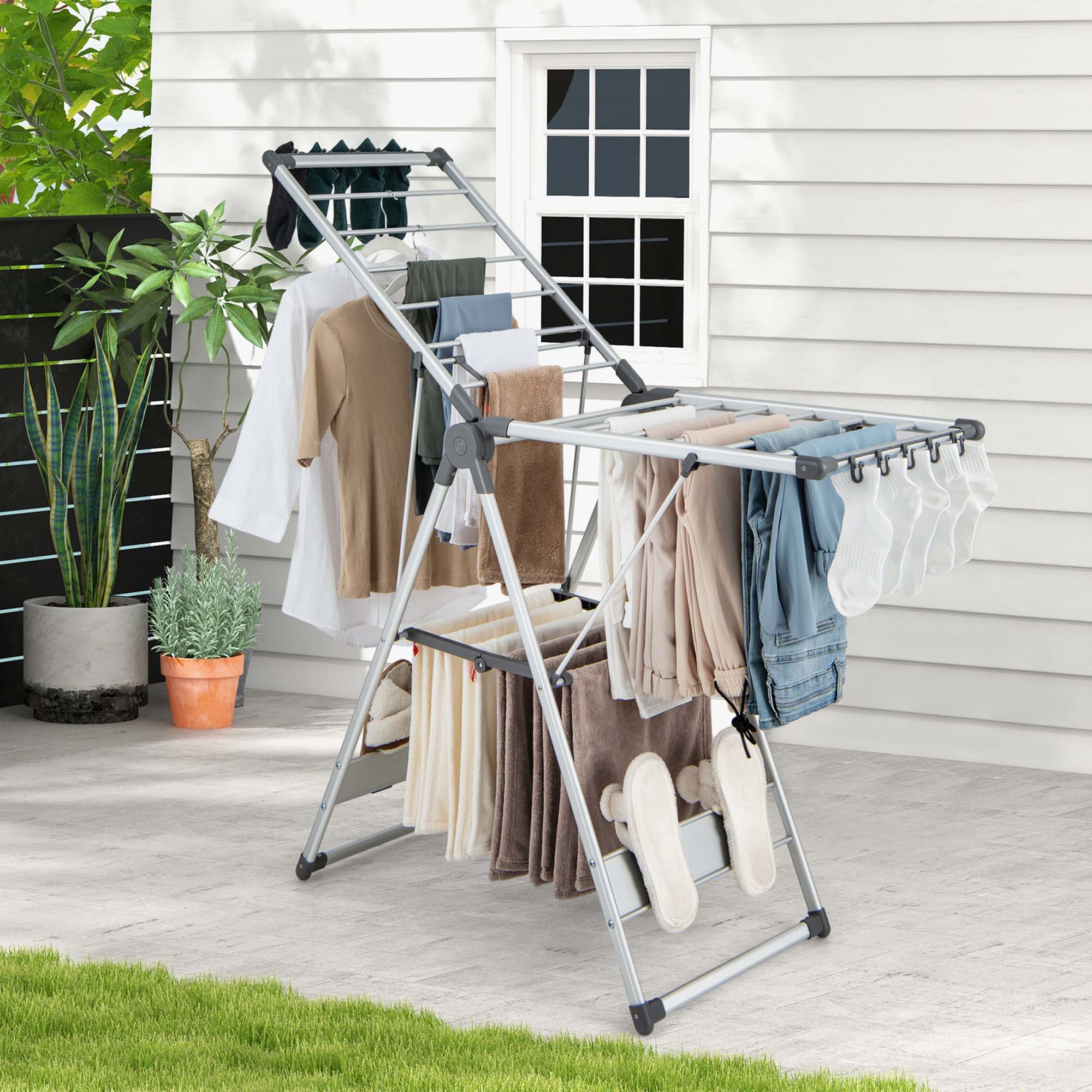 Alt View 3. Costway - Costway 2-Layer Space-saving Aluminum Drying Rack Collapsible Clothes Drying Rack - Silver,Grey.