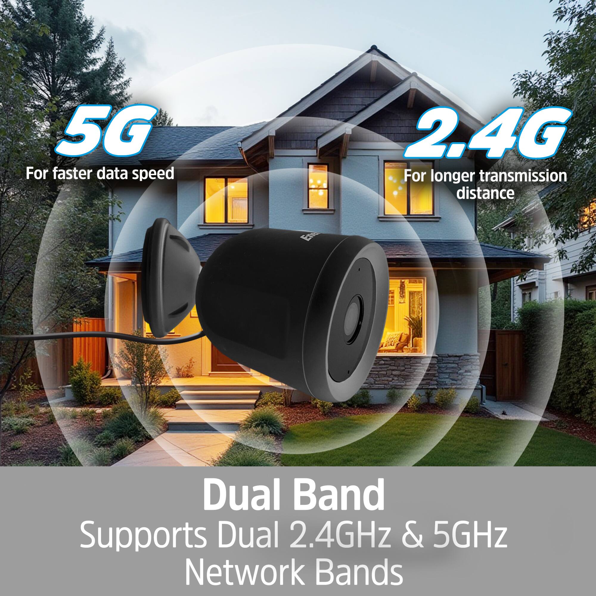 5G  
For faster data speed

2.4G  
For longer transmission distance

Dual Band  
Supports Dual 2.4GHz & 5GHz Network Bands