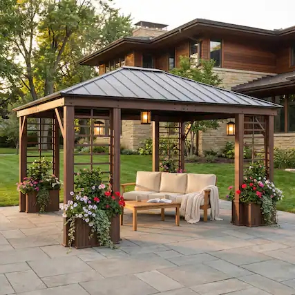 Front. SUNJOY - Sunjoy 13.3 ft. x 14.8 ft. Wilmington Hardtop Gazebo - Brown.