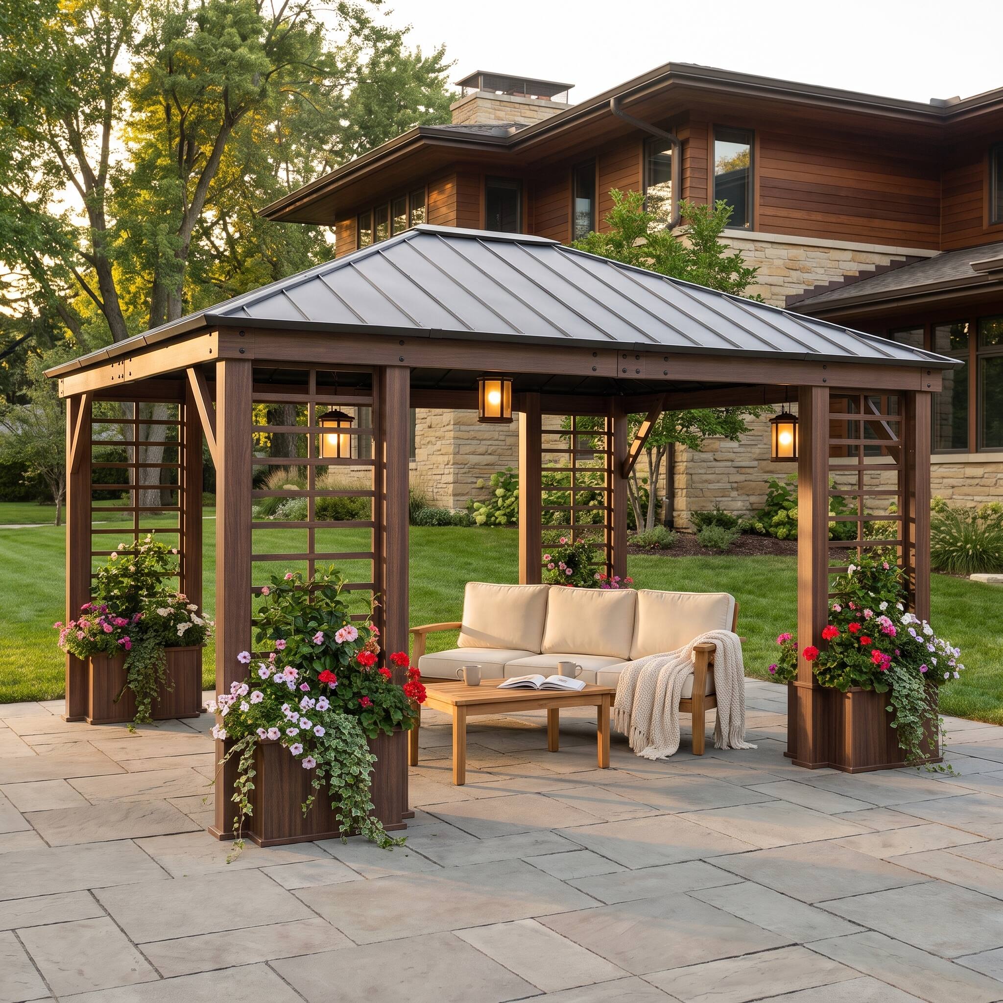 Front. SUNJOY - Sunjoy 13.3 ft. x 14.8 ft. Wilmington Hardtop Gazebo - Brown.