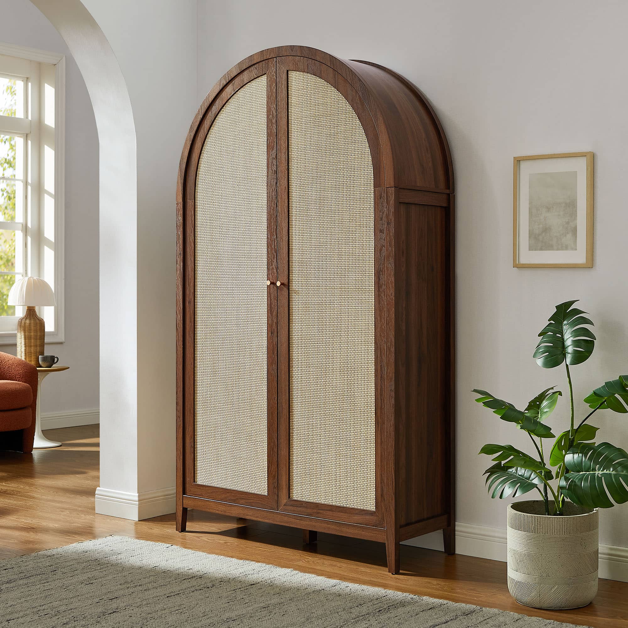 Calista 79" Tall Wide Rattan Arched Storage Cabinet by Modway - Walnut