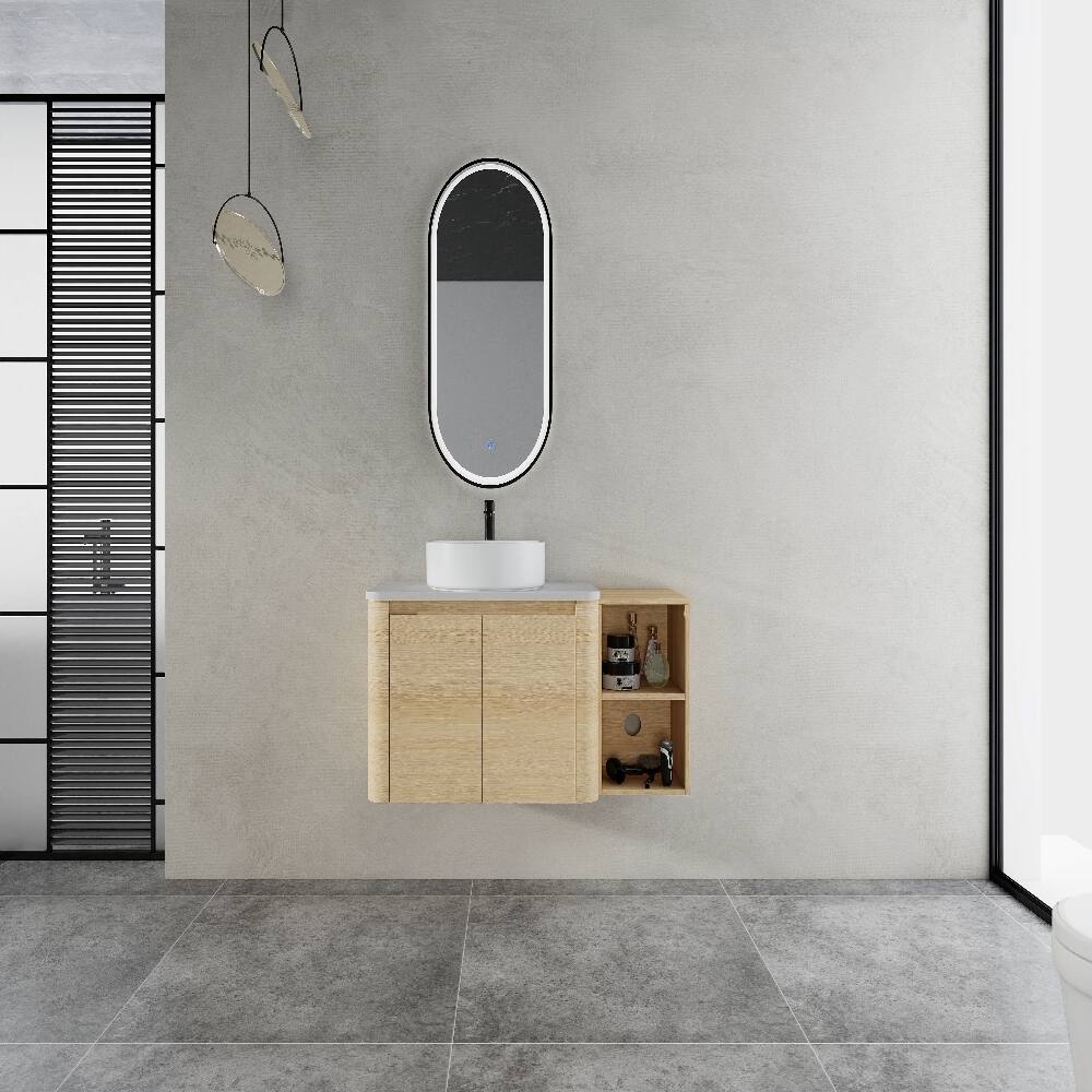 Left. Loheer - 42 inch wall mounted bathroom vanity with ceramic art sink, modern floating vanity with storage shelves - American White Oak.
