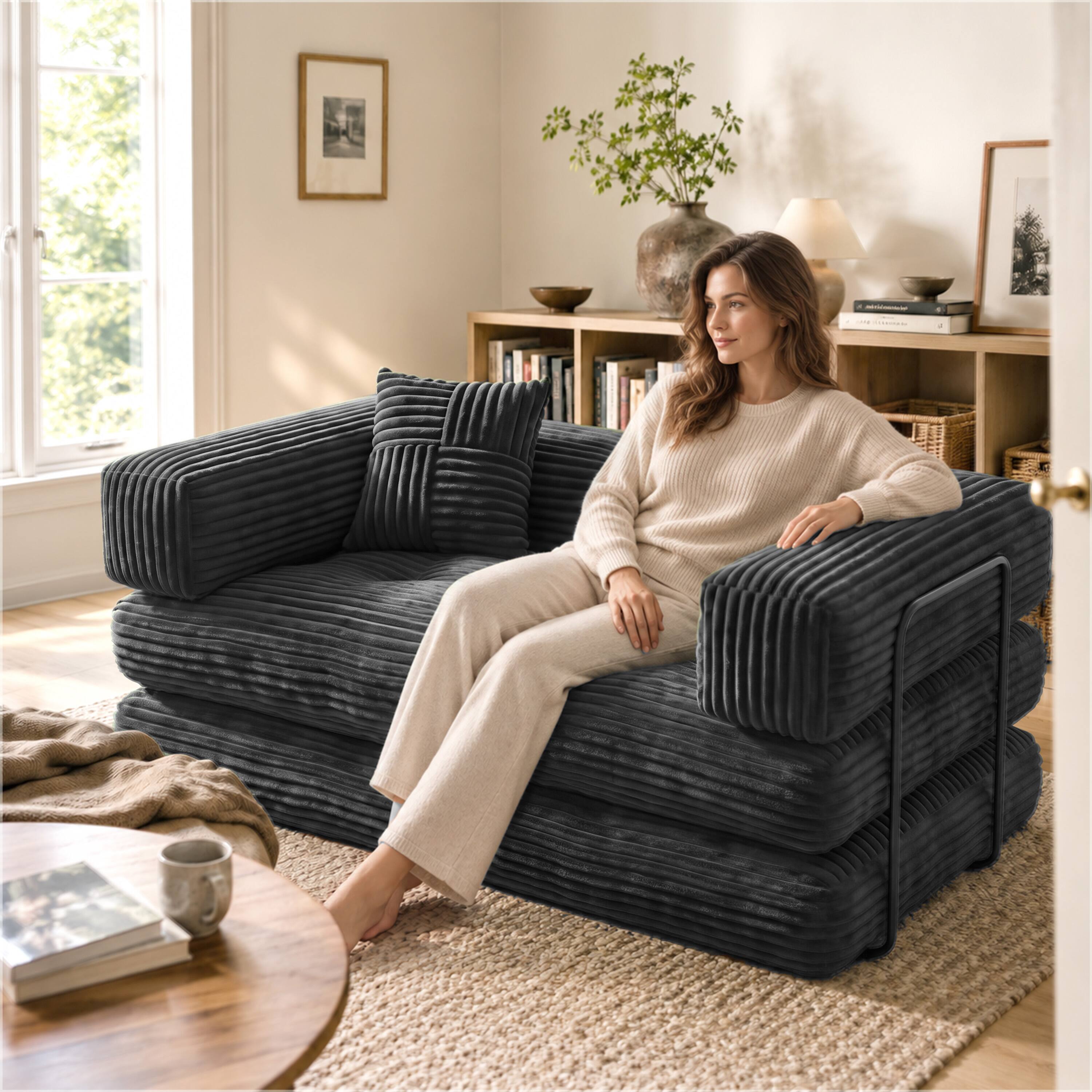 Alt View 7. Vipbear - Corduroy Loveseat Sofa, Convertible Sofa Couch with Sturdy Metal Frame for Living Room Bedroom - Gray.
