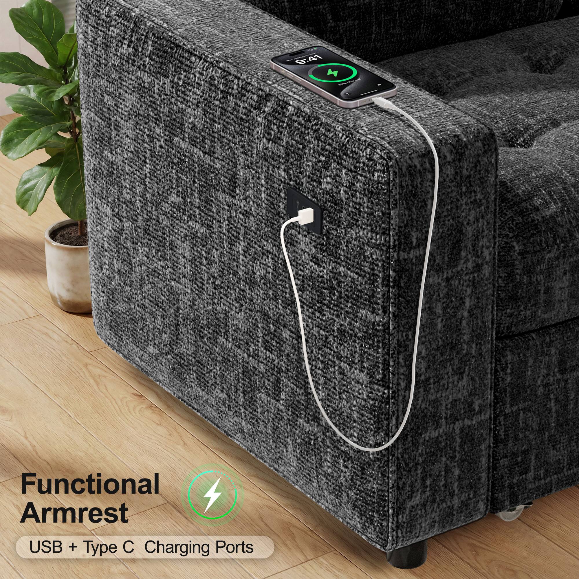 Functional Armrest  
USB + Type C Charging Ports
