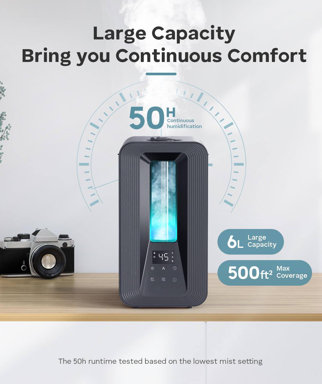 Large Capacity  
Bring you Continuous Comfort  

50H Continuous Humidification  

6L Large Capacity  
500ft² Max Coverage  

The 50h runtime tested based on the lowest mist setting
