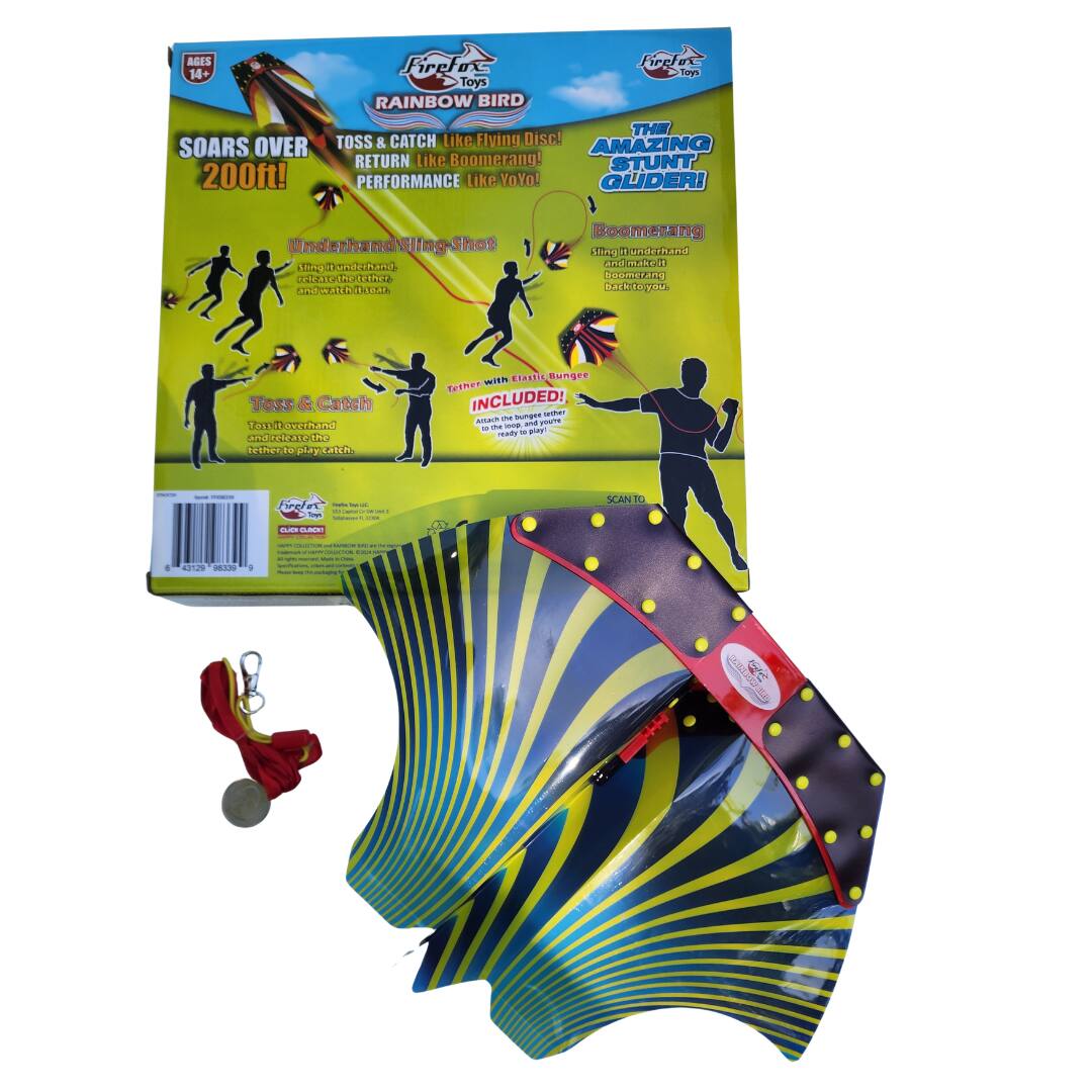 AGES 14+  
SOARS OVER 200ft!  
Firefox Toys  
RAINBOW BIRD  
THE TOSS & CATCH  
Like Flying Disc.  
AMAZING RETURN Like Boomerang!  
STUNT PERFORMANCE Like YoYo!  

Underhand Sling-Shot  
Toss & Catch  
Tether with Elastic  
INCLUDES:  
Attack the bungee to the bird, ready to play!  

THE AMAZING STUNT GLIDER!  
Boomerang  
Sing it underhand and make it boomerang back to you!  

INCLUDED!  
- Tether  
- Bungee  

SCAN TO  
[QR Code]  

Firefox Toys  
CLASSIC