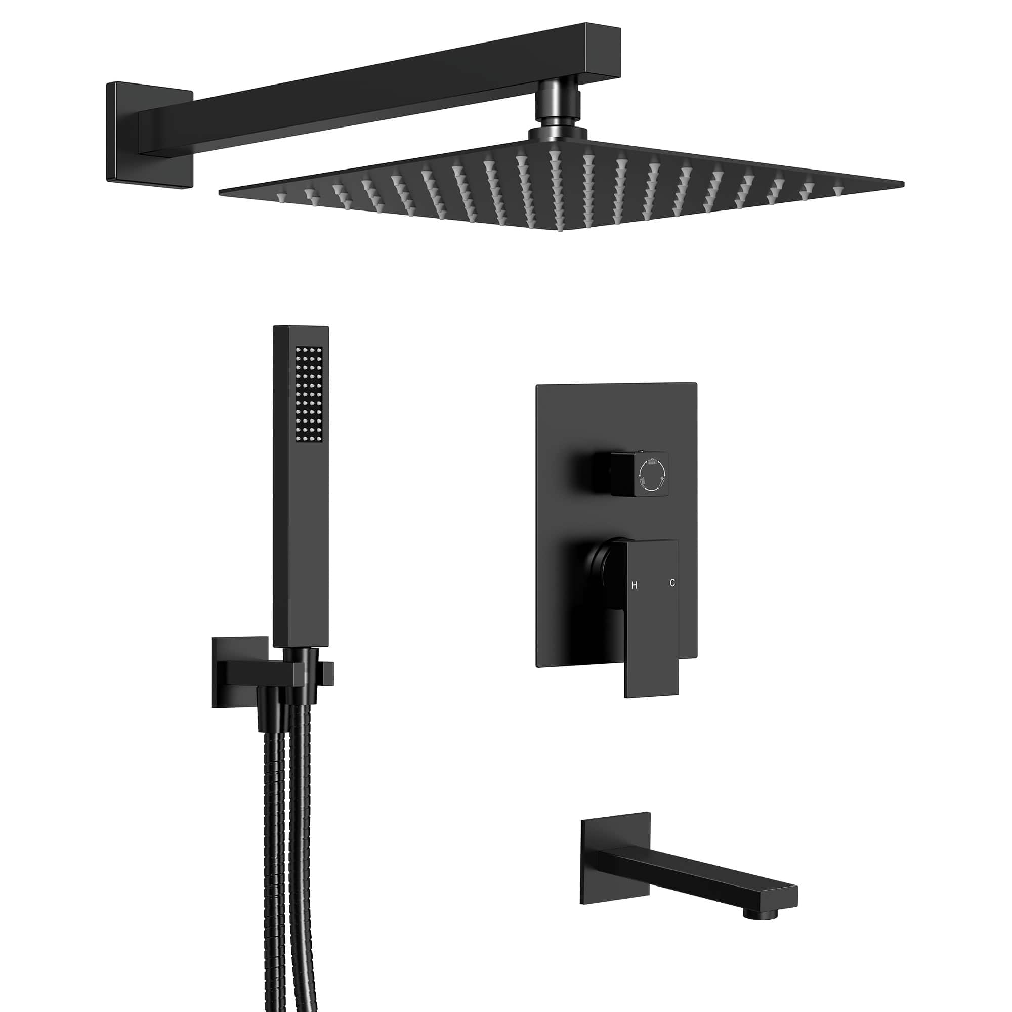 Front. GRANDJOY - Wall Mounted 3‑Function Shower System Set with 10" Rain Shower Head, Handheld Shower and Diverter Tub Spout - Matte Black.