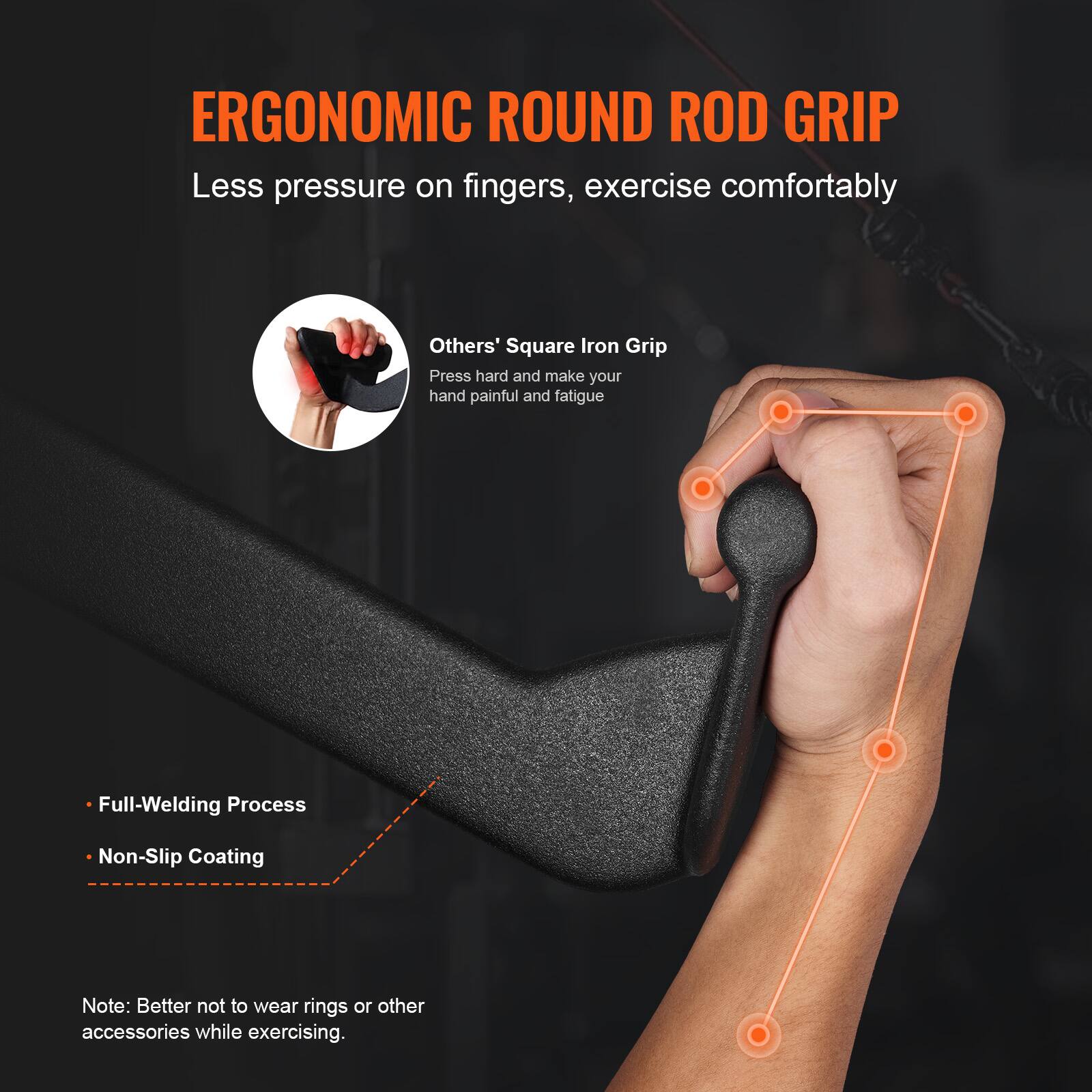 ERGONOMIC ROUND ROD GRIP  
Less pressure on fingers, exercise comfortably  

Others' Square Iron Grip  
Press hard and make your hand painful and fatigue  

Full-Welding Process  
Non-Slip Coating  

Note: Better not to wear rings or other accessories while exercising.