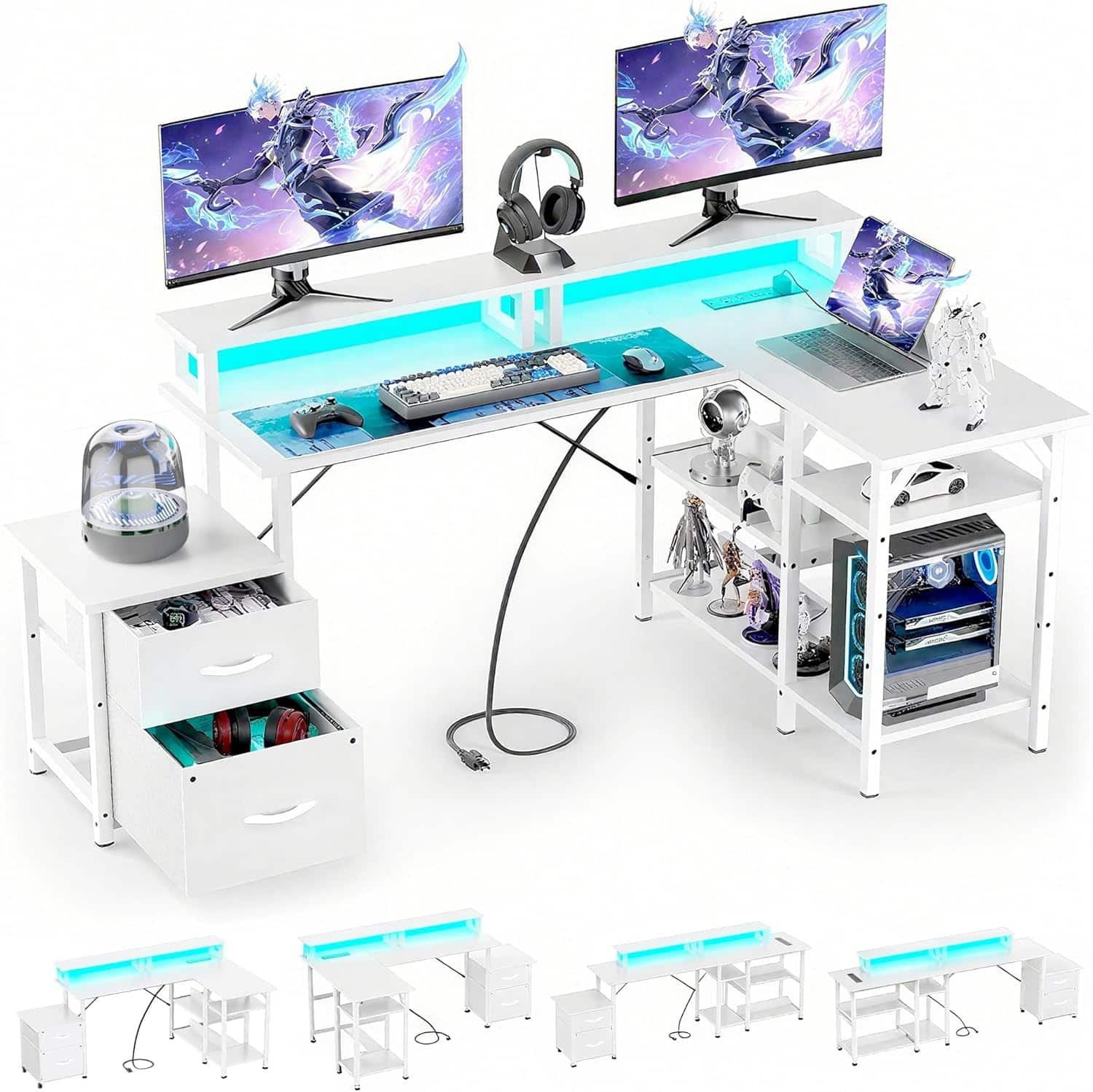 Front. GTPlayer - 70 inch L-Shaped LED Gaming Desk with Power Outlet Computer Desk - AllWhite.