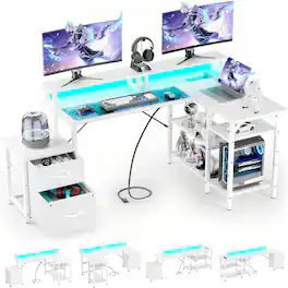 GTPlayer - 70 inch L-Shaped LED Gaming Desk with Power Outlet Computer Desk - AllWhite