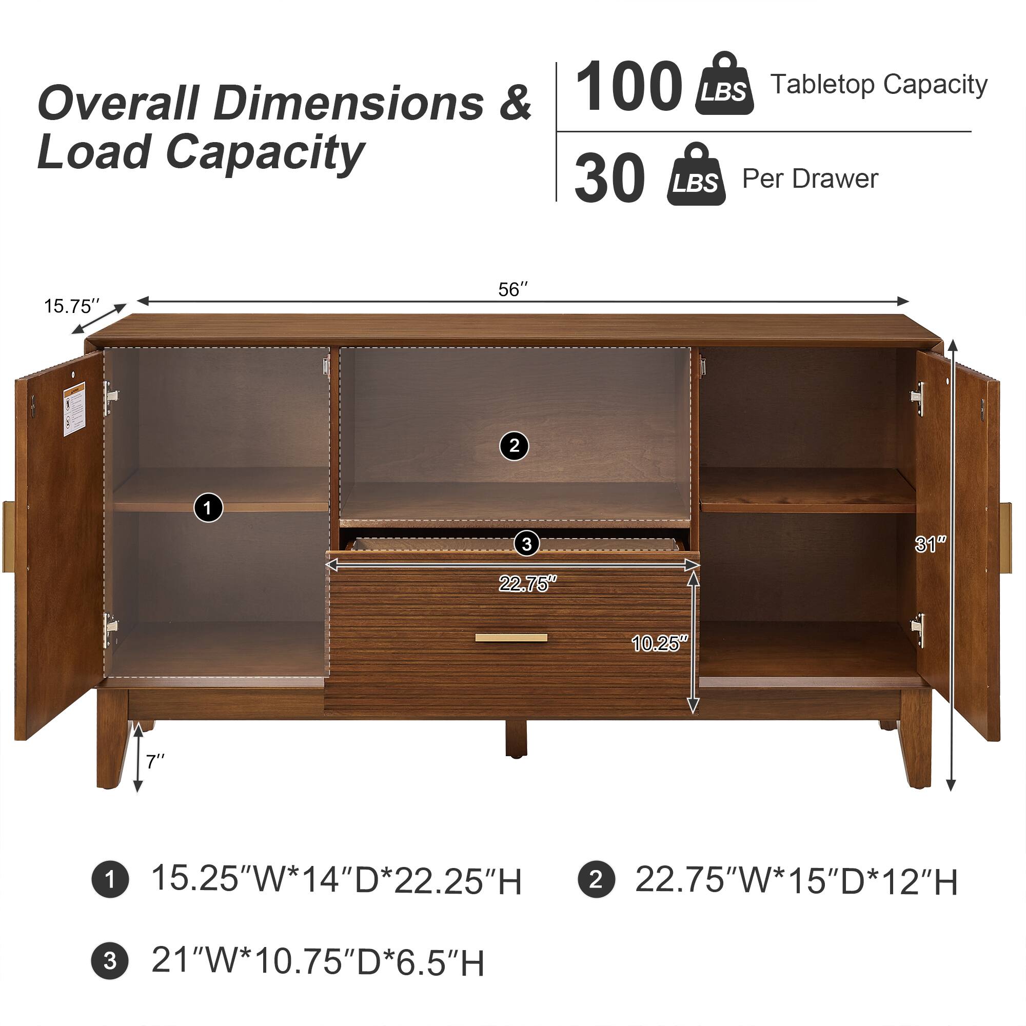 Overall Dimensions & Load Capacity

- 100 LBS Tabletop Capacity
- 30 LBS Per Drawer

1. 15.25"W*14"D*22.25"H
2. 22.75"W*15"D*12"H
3. 21"W*10.75"D*6.5"H