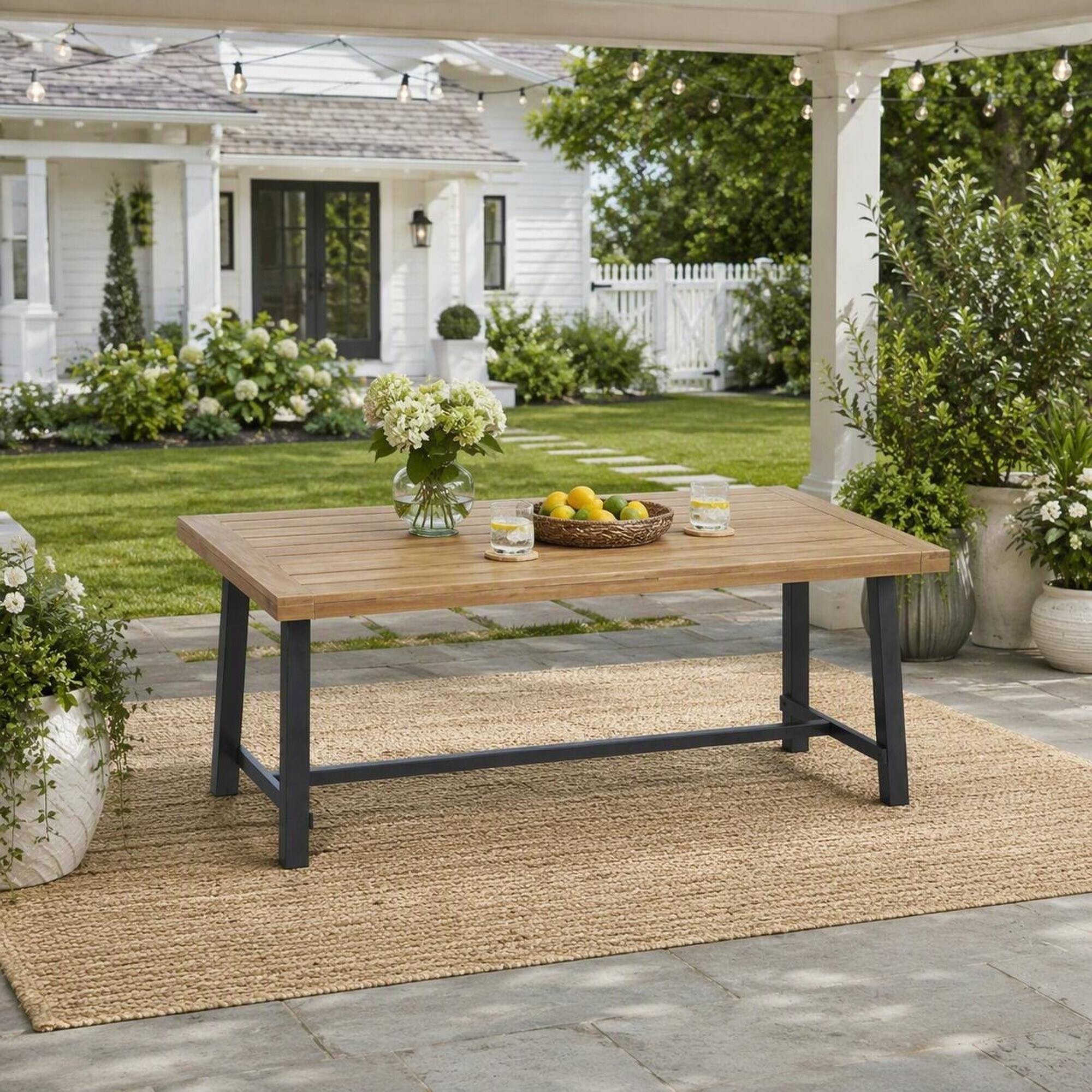 RYHNUYNE Outdoor Acacia Wood Dining Table with Rustic Grey Metal Frame ...