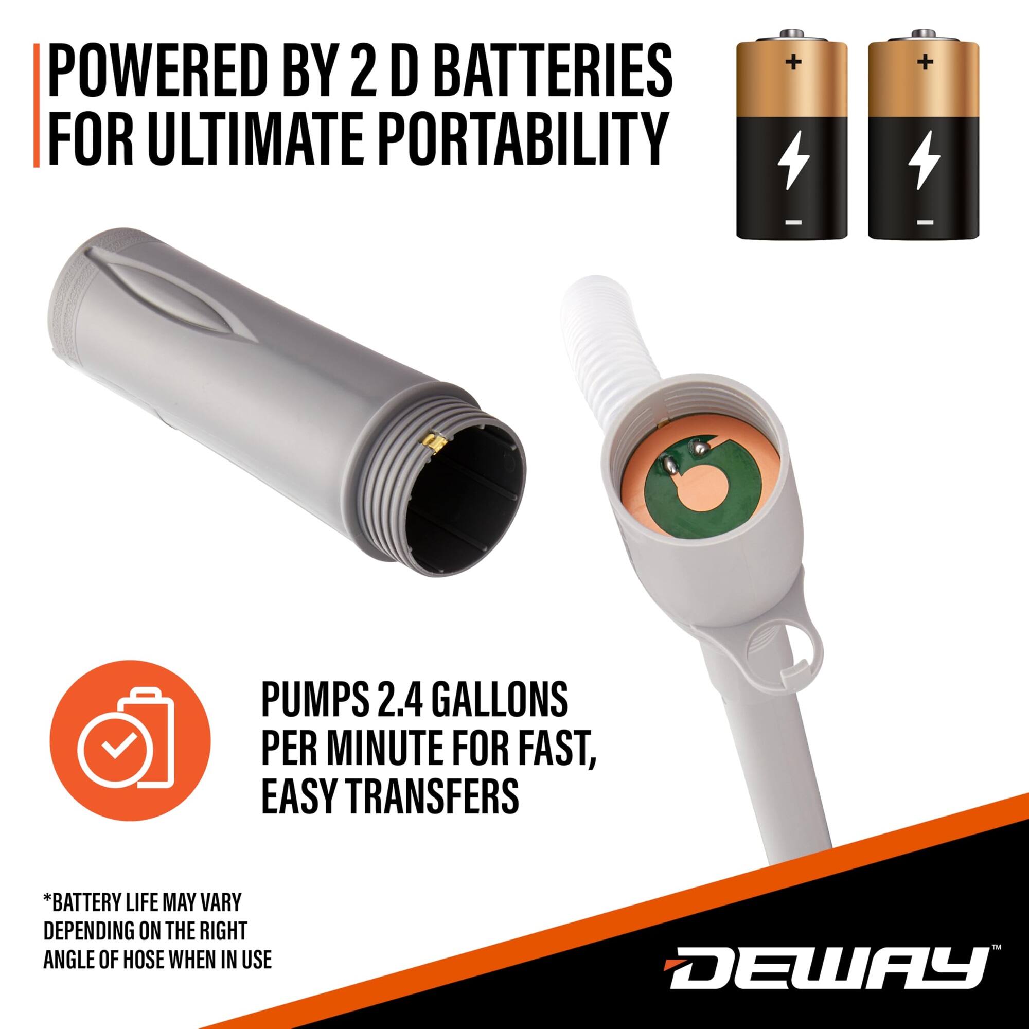 POWERED BY 2 D BATTERIES FOR ULTIMATE PORTABILITY

PUMPS 2.4 GALLONS PER MINUTE FOR FAST, EASY TRANSFERS

*BATTERY LIFE MAY VARY DEPENDING ON THE RIGHT ANGLE OF HOSE WHEN IN USE

DEWAY