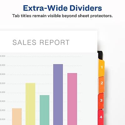 Extra-Wide Dividers  
Tab titles remain visible beyond sheet protectors.

SALES REPORT

1 0,000 0,000  
2 0,000 0,000  
3 0,000 0,000  
4