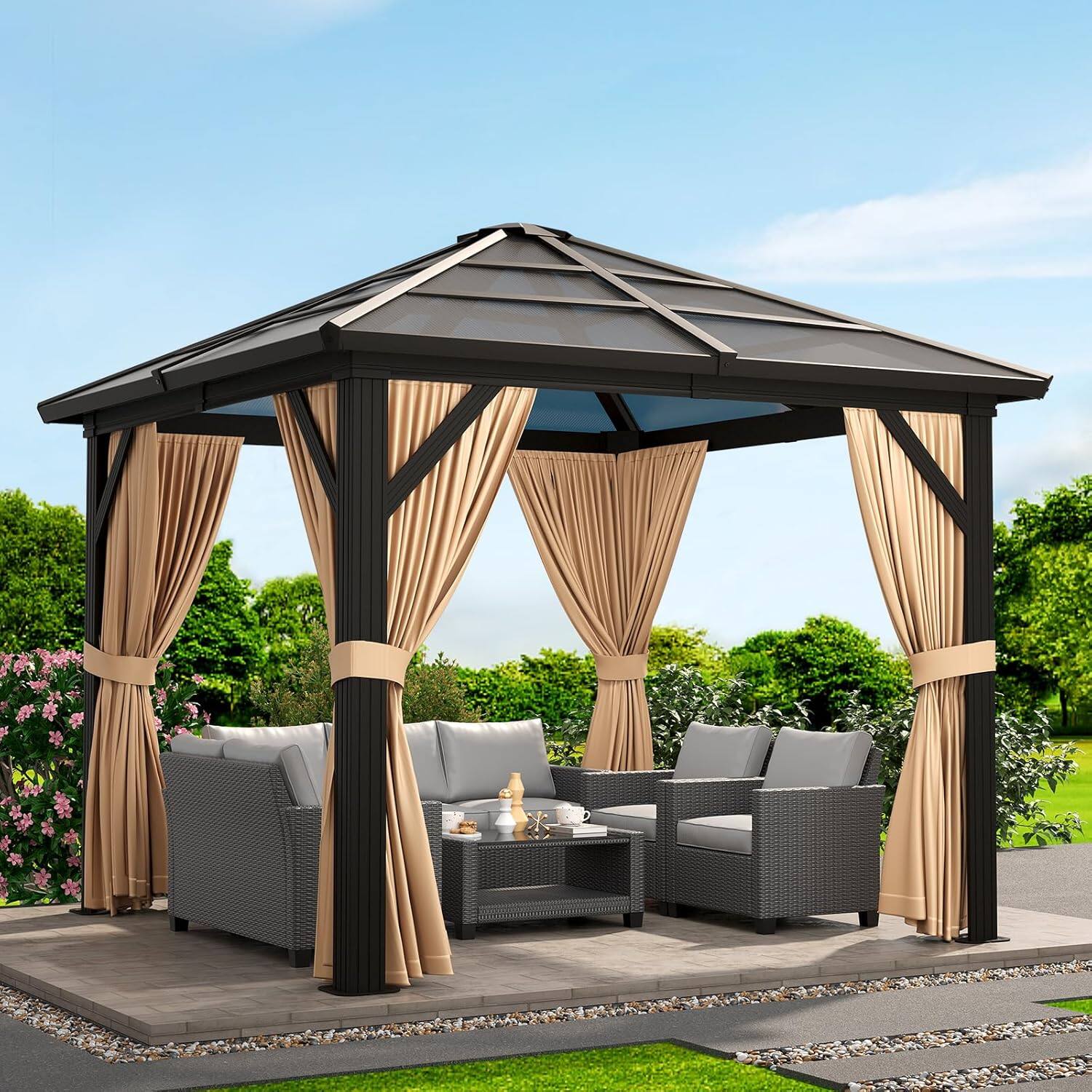 Left. Acekool - 10'x10' Canopy Gazebo, Double Roof, Steel & Aluminum Frame, Mosquito Netting, Anti-UV, Outdoor Pavilion, Grey - Gray.