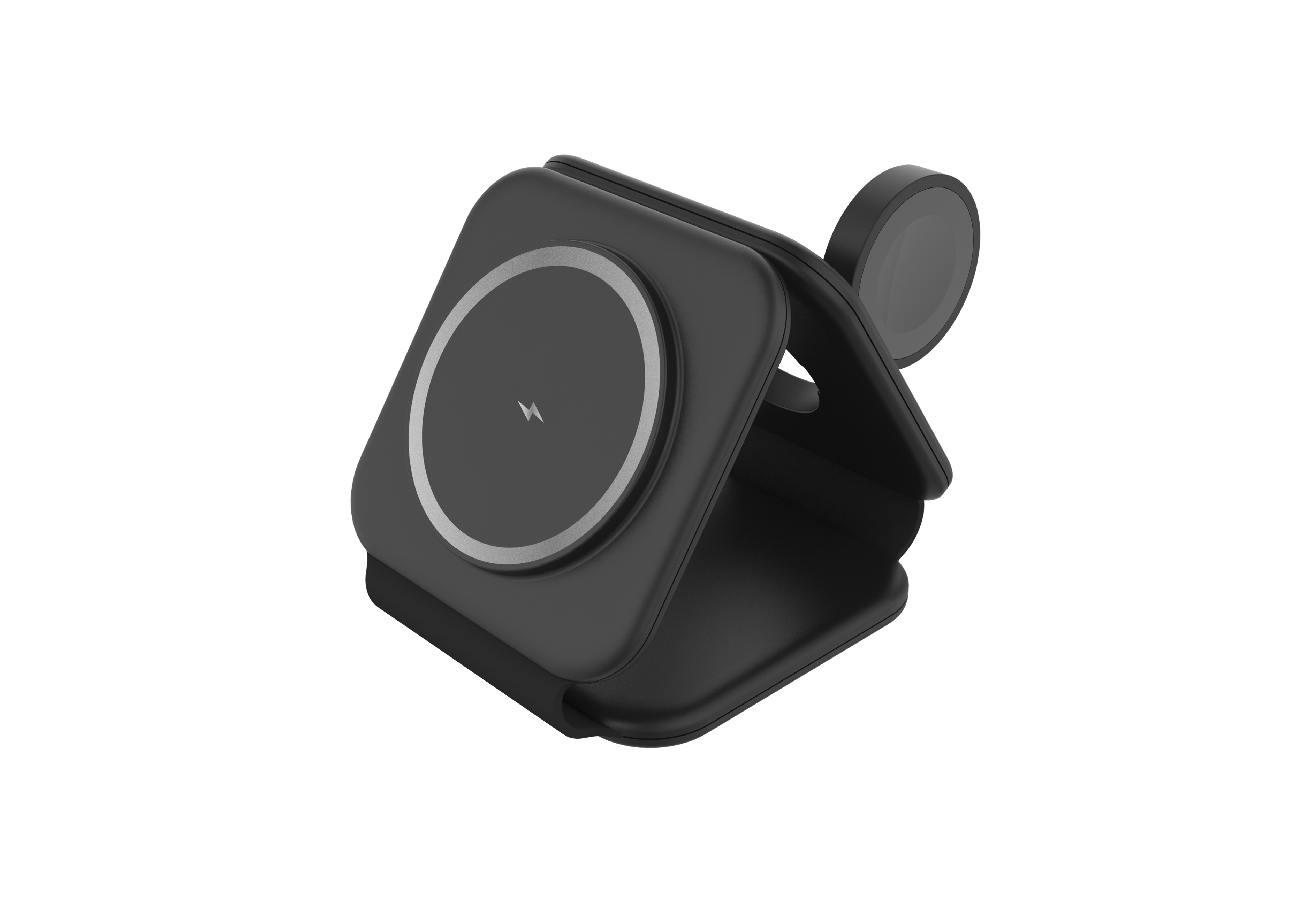 Angle. Energizer - 3-in-1 15W Foldable Magnetic MagSafe/Qi2 Compatible Fast 15W Charger Charging Station for iPhone + AirPods + Apple Watch - Black.