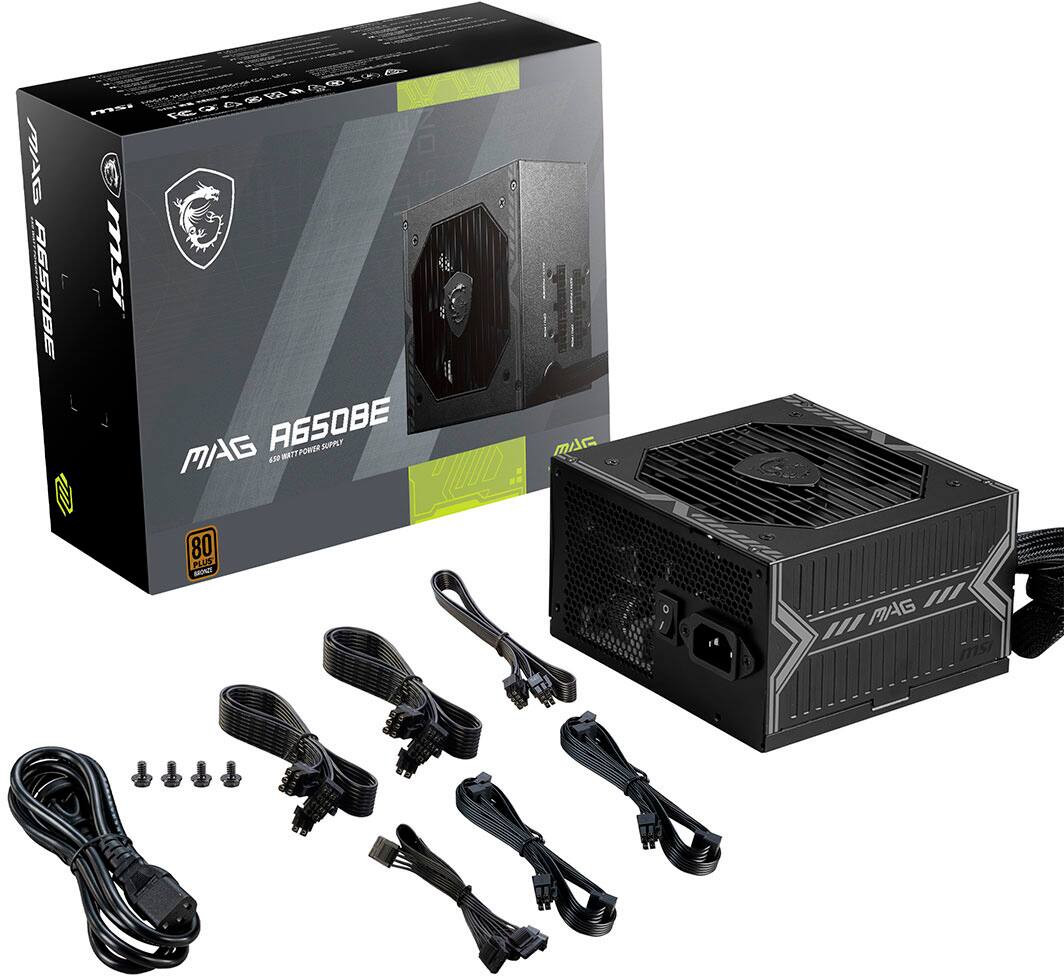 The image features a box containing a computer power supply unit, specifically a MAG AGS0BE 80 PLUS unit. The box is opened, revealing the power supply unit and its accompanying cables and accessories. The cables include a USB cable, a power cord, and a few other cables, all of which are neatly arranged around the power supply unit. The power supply unit is placed on top of a table, and the cables are spread out around it, making it easy to identify and access the necessary components.