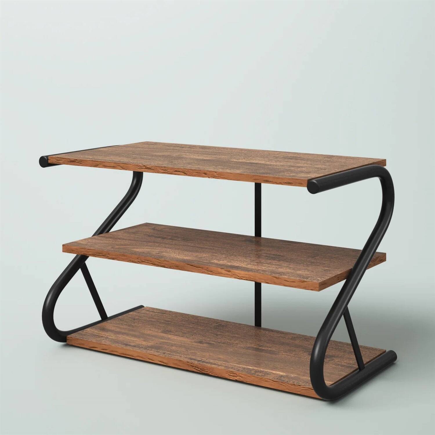 Angle. Hivvago - Modern Industrial Metal Wood 3-Tier Shoe Rack - Holds up to 9 Pair of Shoes - Rustic Brown, Black.