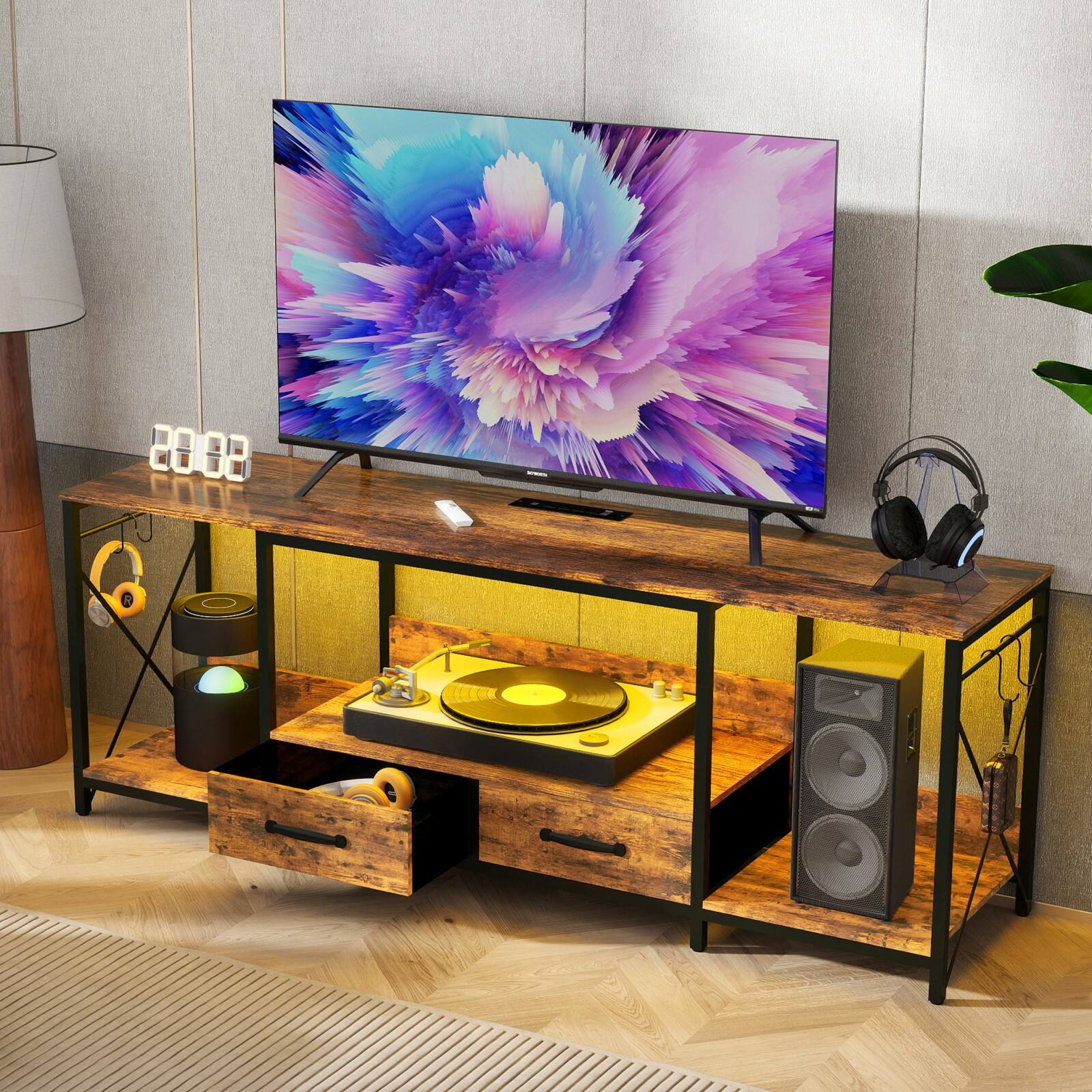 Alt View 1. Ecooso - TV Stand，LED Lights Power Outlets，Fabric Drawers for 65 70 75 Inches TV -Can also be used in multiple scenes - Light Brown Multi.