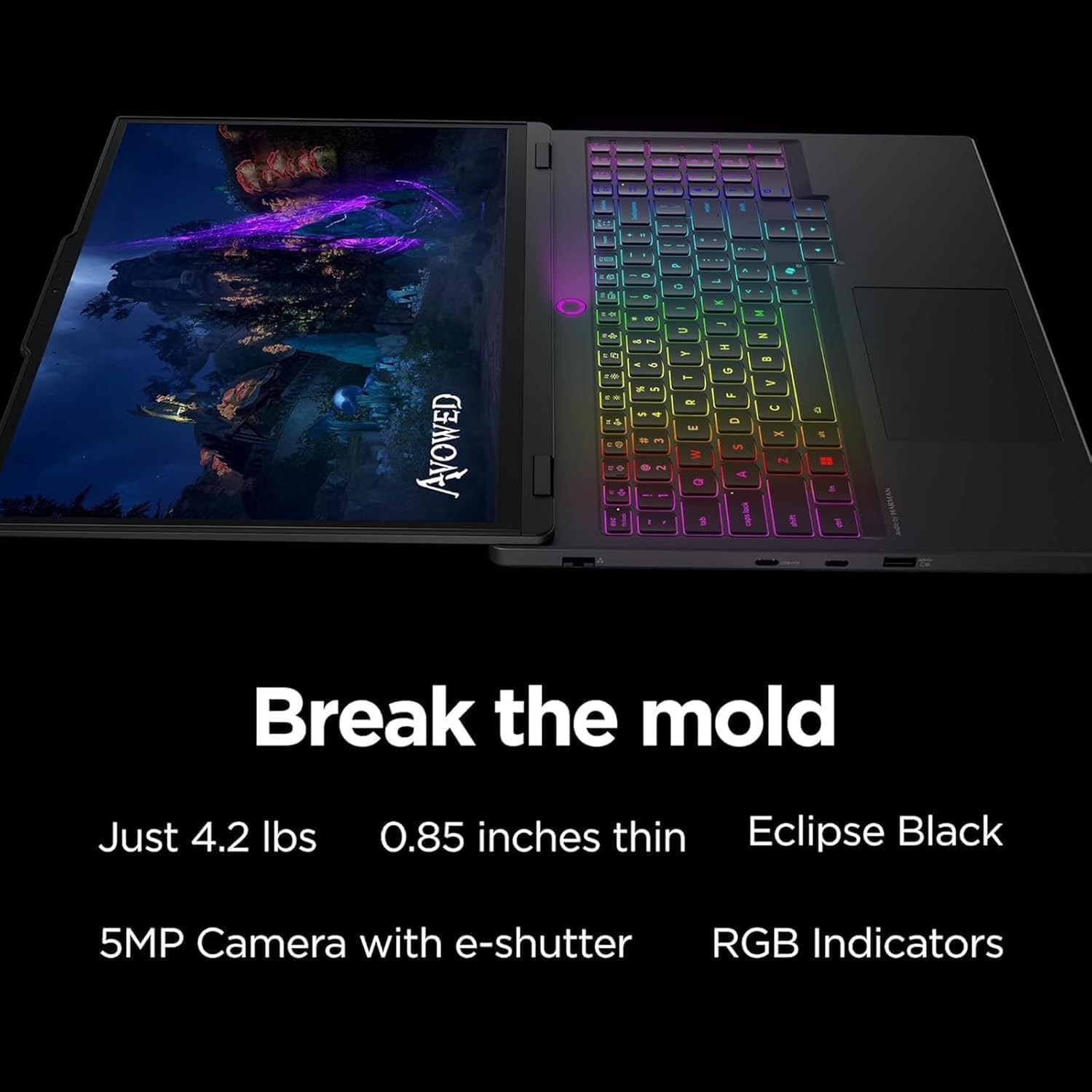 Break the mold

Just 4.2 lbs  
0.85 inches thin  
Eclipse Black  
5MP Camera with e-shutter  
RGB Indicators