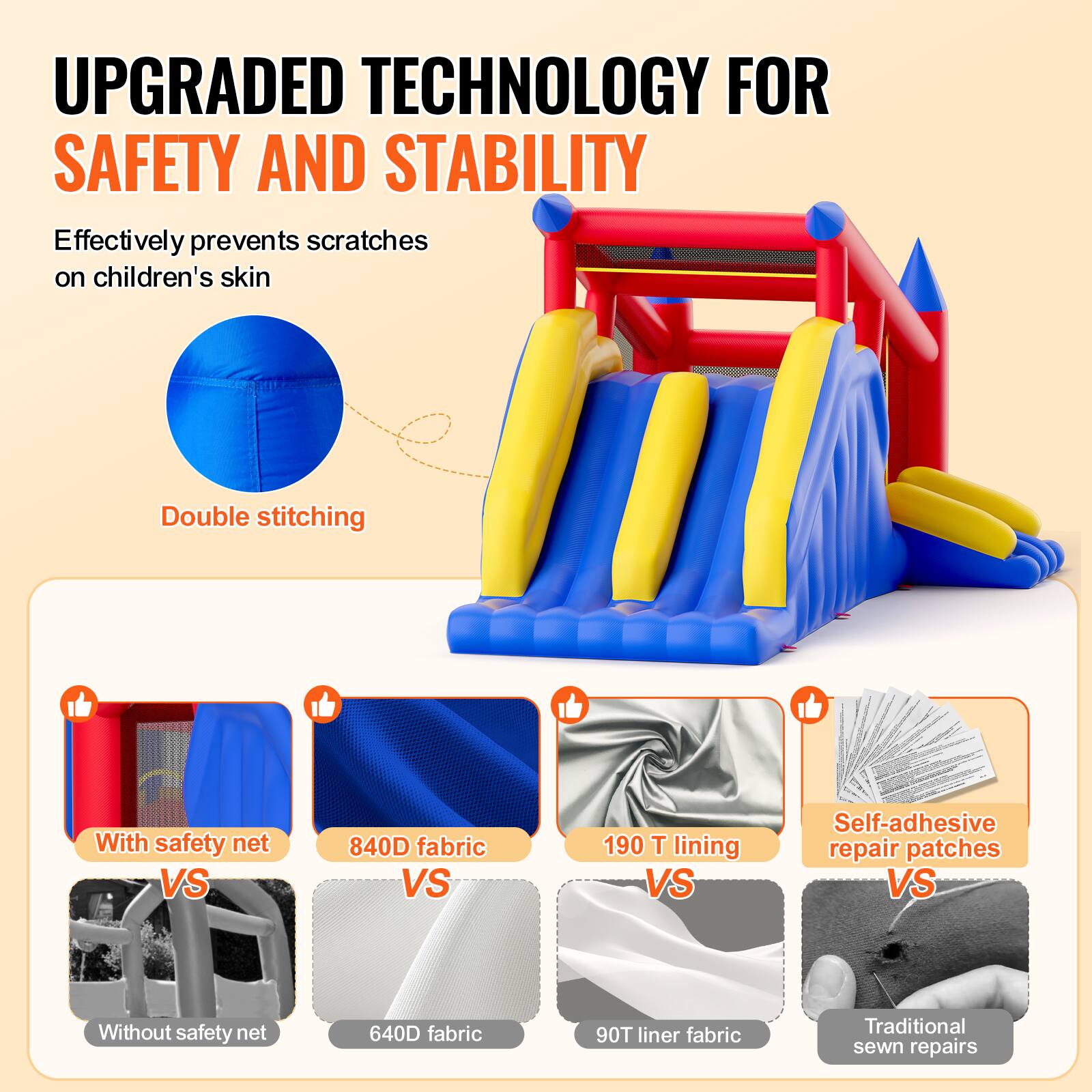 UPGRADED TECHNOLOGY FOR SAFETY AND STABILITY

Effectively prevents scratches on children's skin

Double stitching

With safety net: 840D fabric, 190T lining, Self-adhesive repair patches

Without safety net: 640D fabric, 90T liner fabric, Traditional sewn repairs